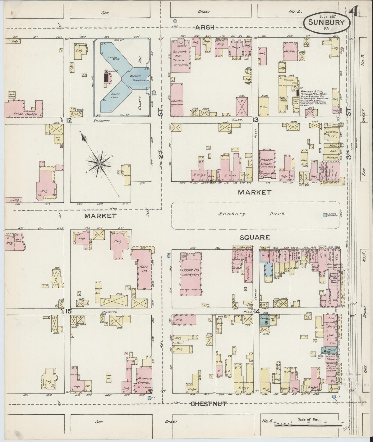 Sanborn Fire Insurance Map from Sunbury, Northumberland County, Pennsylvania (1887), Sheet #0004 - Historic Sanborn Fire Insurance Map Print, vintage old map wall art, antique decor, genealogy gift, Pennsylvania Pennsylvania map