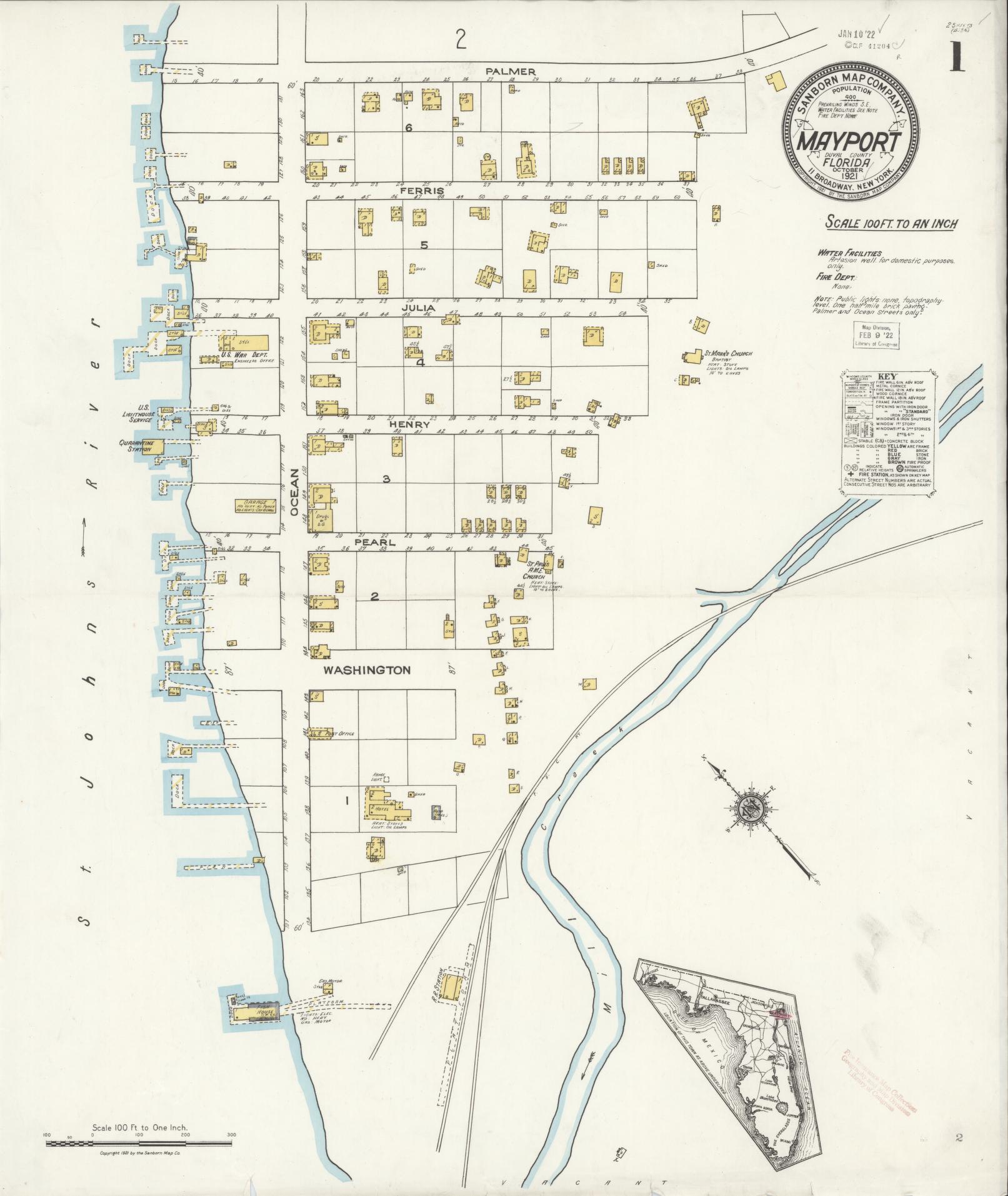 Sanborn Fire Insurance Map from Mayport, Duval County, Florida (1921), Sheet #0001 - Complete Map Set gallery image, historic Sanborn map, vintage wall art, Florida Florida