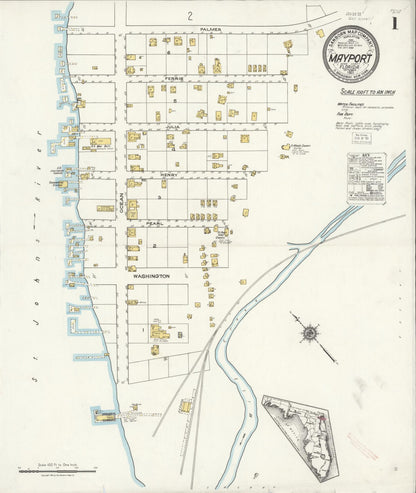 Sanborn Fire Insurance Map from Mayport, Duval County, Florida (1921), Sheet #0001 - Complete Map Set gallery image, historic Sanborn map, vintage wall art, Florida Florida