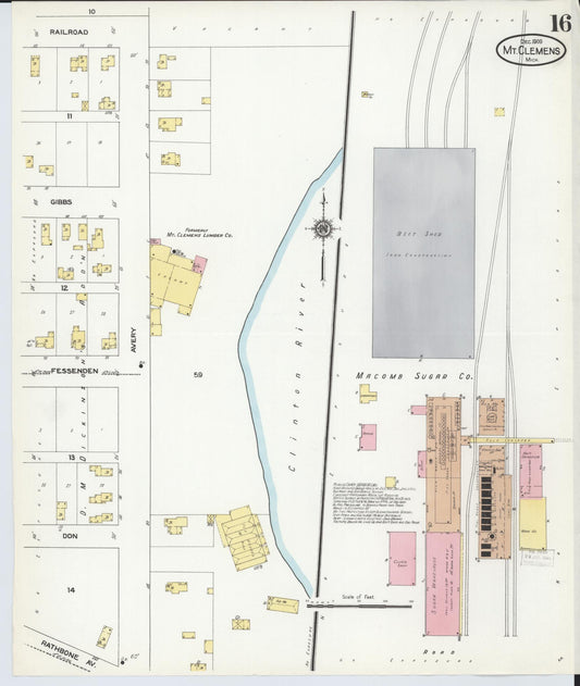 Sanborn Fire Insurance Map from Mount Clemens, Macomb County, Michigan (1909), Sheet #0016 - Historic Sanborn Fire Insurance Map Print, vintage old map wall art, antique decor, genealogy gift, Michigan Michigan map