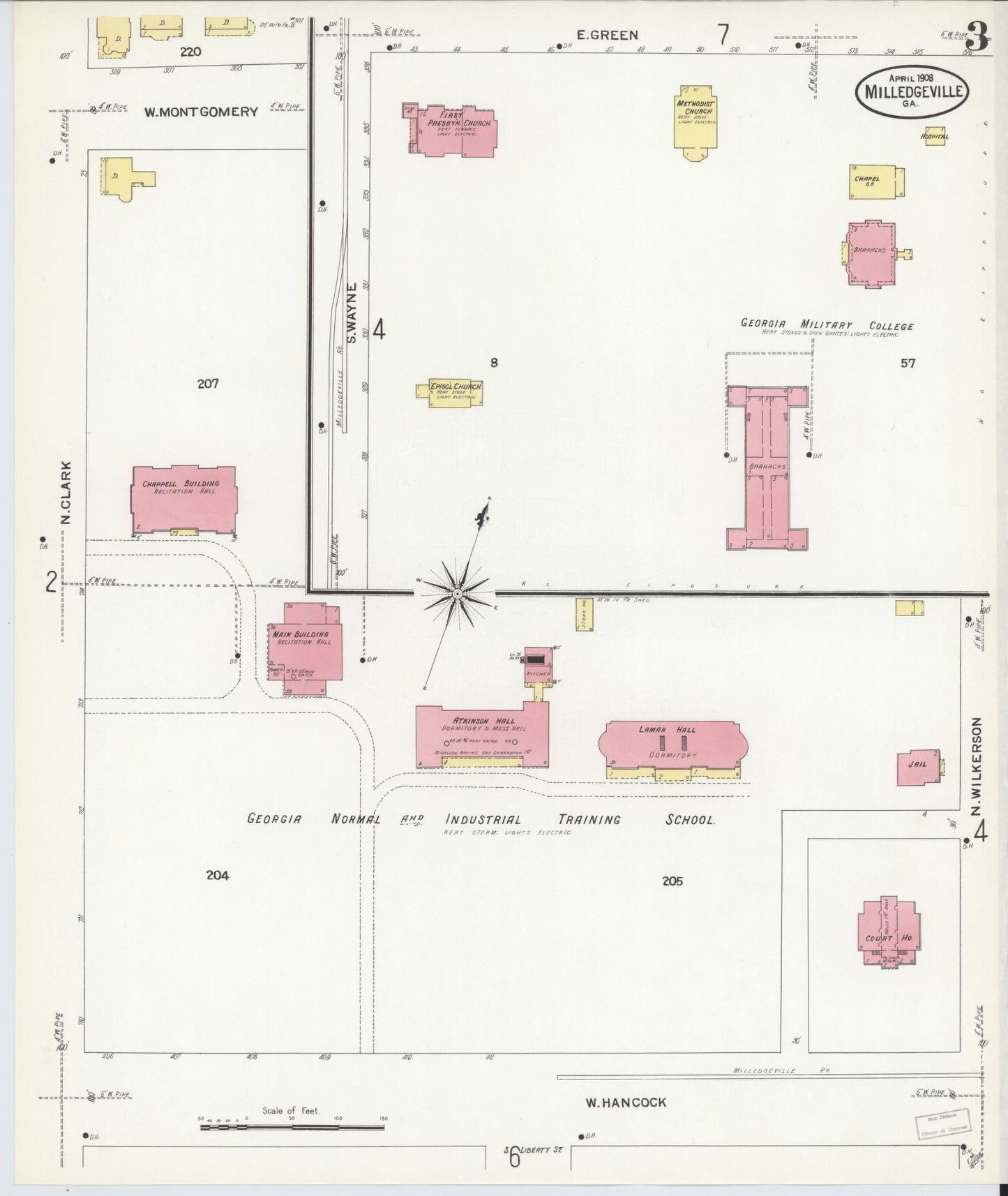 Sanborn Fire Insurance Map from Milledgeville, Baldwin County, Georgia (1908), Sheet #0003 - Historic Sanborn Fire Insurance Map Print, vintage old map wall art, antique decor, genealogy gift, Georgia Georgia map