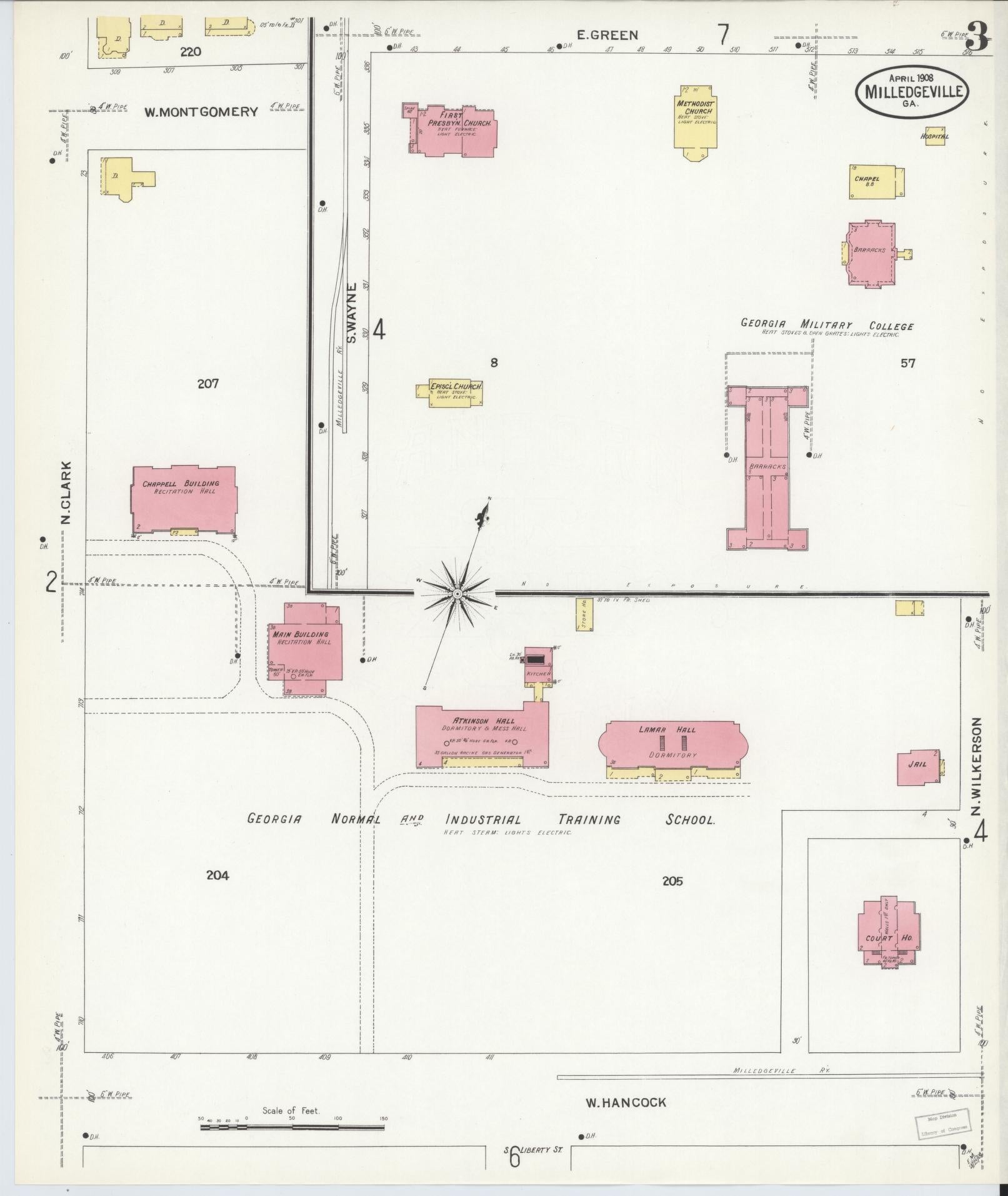 Sanborn Fire Insurance Map from Milledgeville, Baldwin County, Georgia (1908), Sheet #0003 - Historic Sanborn Fire Insurance Map Print, vintage old map wall art, antique decor, genealogy gift, Georgia Georgia map