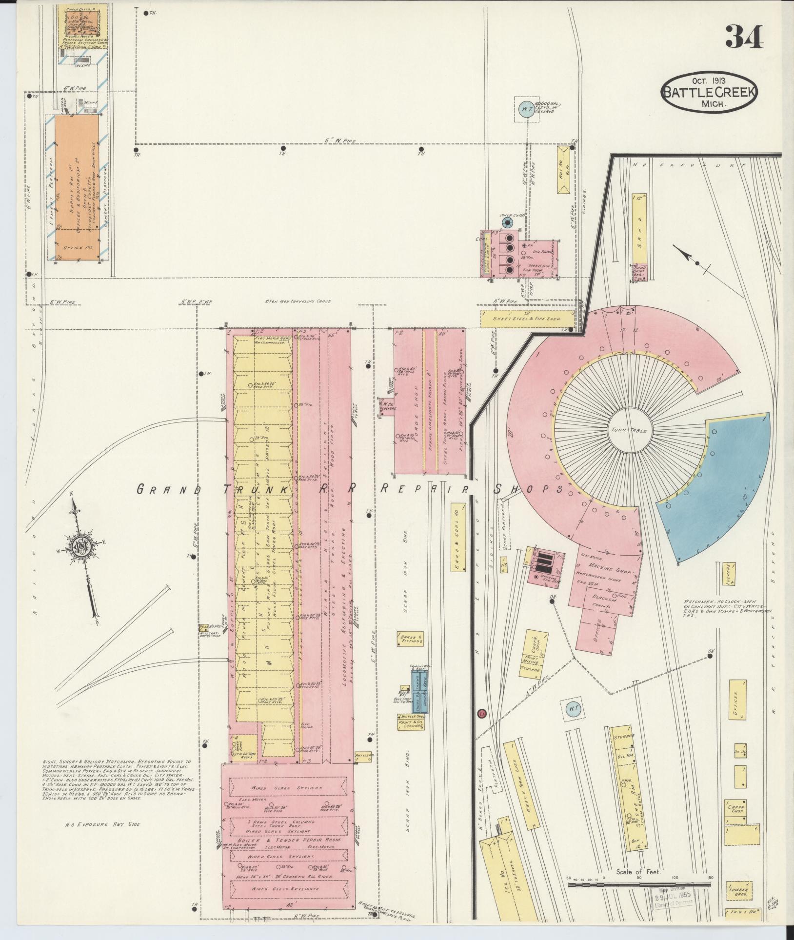 Sanborn Fire Insurance Map from Battle Creek, Calhoun County, Michigan (1913), Sheet #0034 - Historic Sanborn Fire Insurance Map Print, vintage old map wall art, antique decor, genealogy gift, Michigan Michigan map