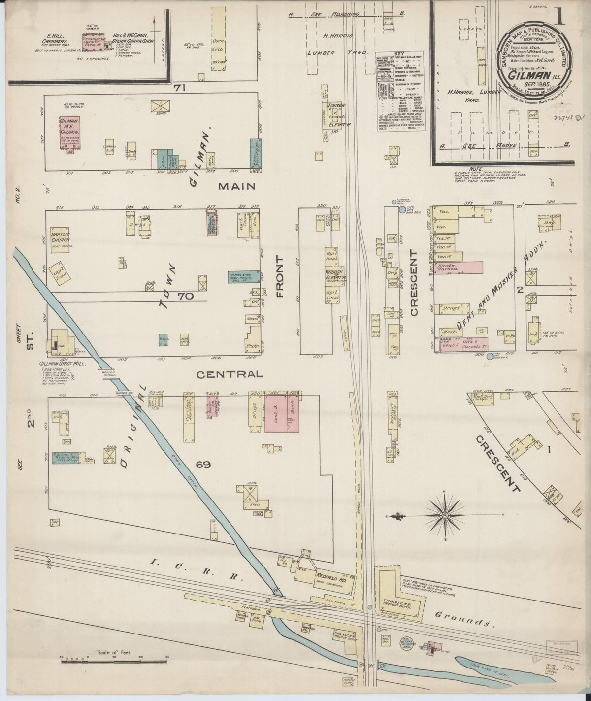 Sanborn Fire Insurance Map from Gilman, Iroquois County, Illinois (1885), Sheet #0001 - Complete Map Set gallery image, historic Sanborn map, vintage wall art, Illinois Illinois