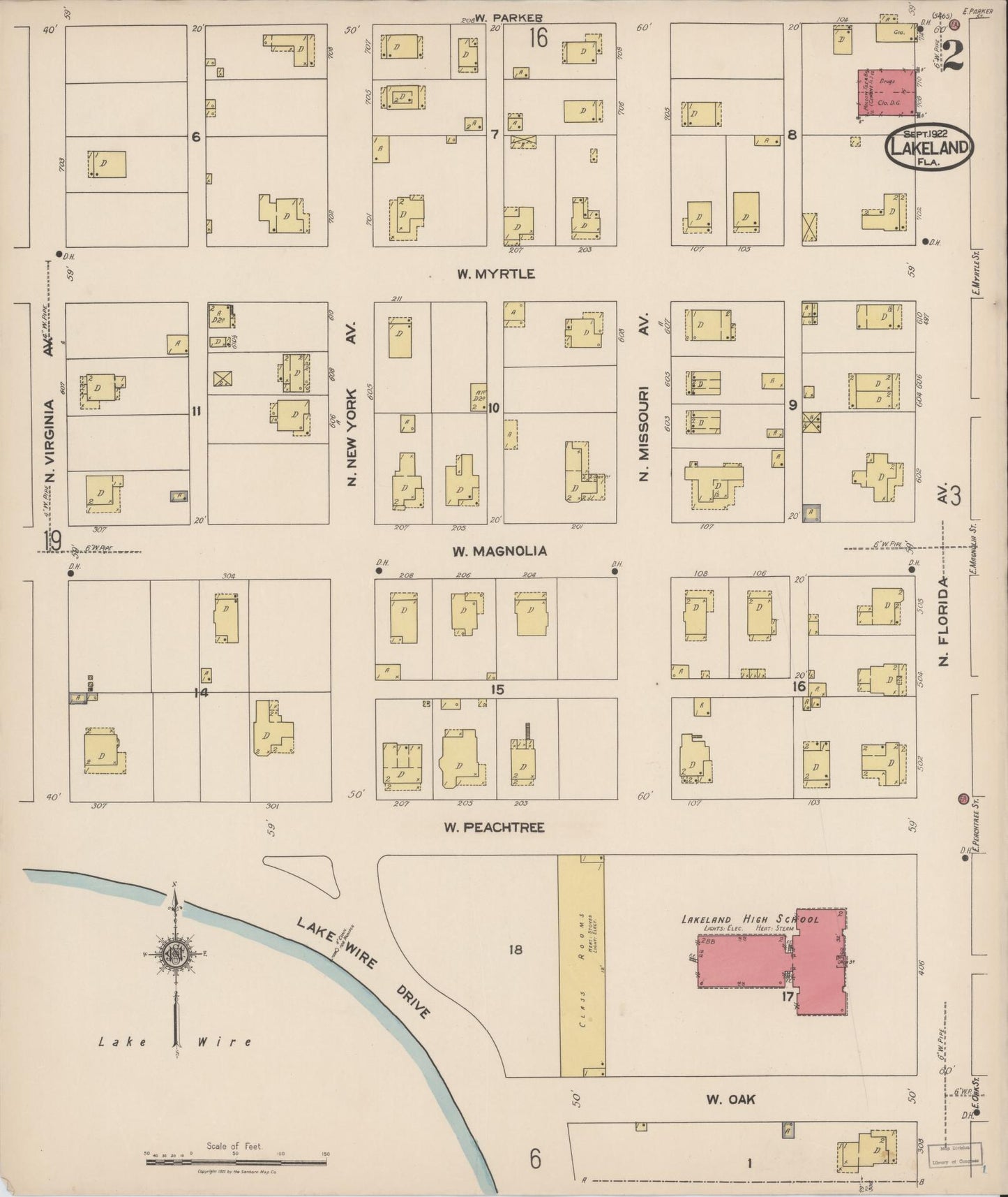 Sanborn Fire Insurance Map from Lakeland, Polk County, Florida (1922), Sheet #0002 - Complete Map Set gallery image, historic Sanborn map, vintage wall art, Florida Florida