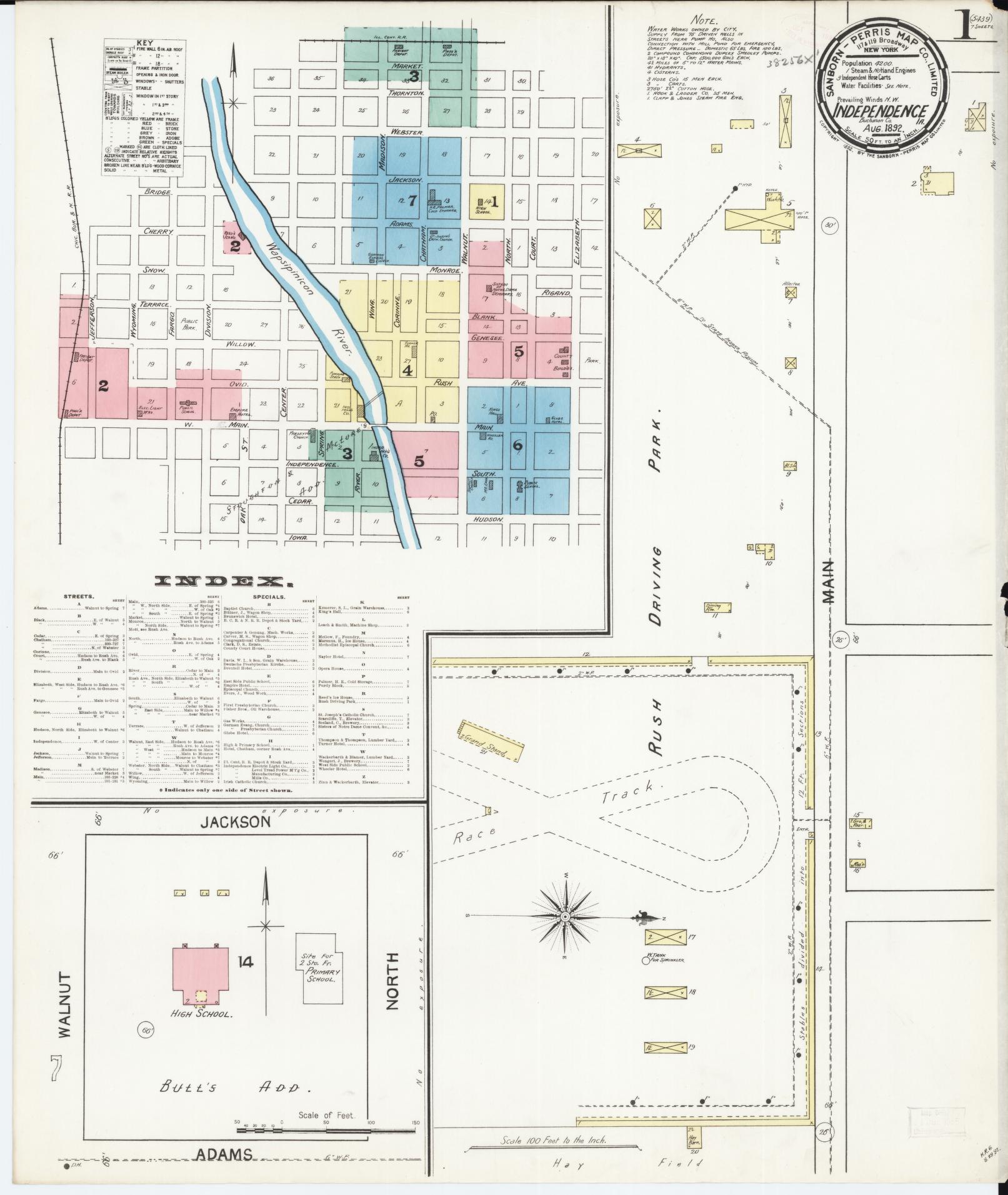 Sanborn Fire Insurance Map from Independence, Buchanan County, Iowa (1892), Sheet #0001 - Historic Sanborn Fire Insurance Map Print, vintage old map wall art