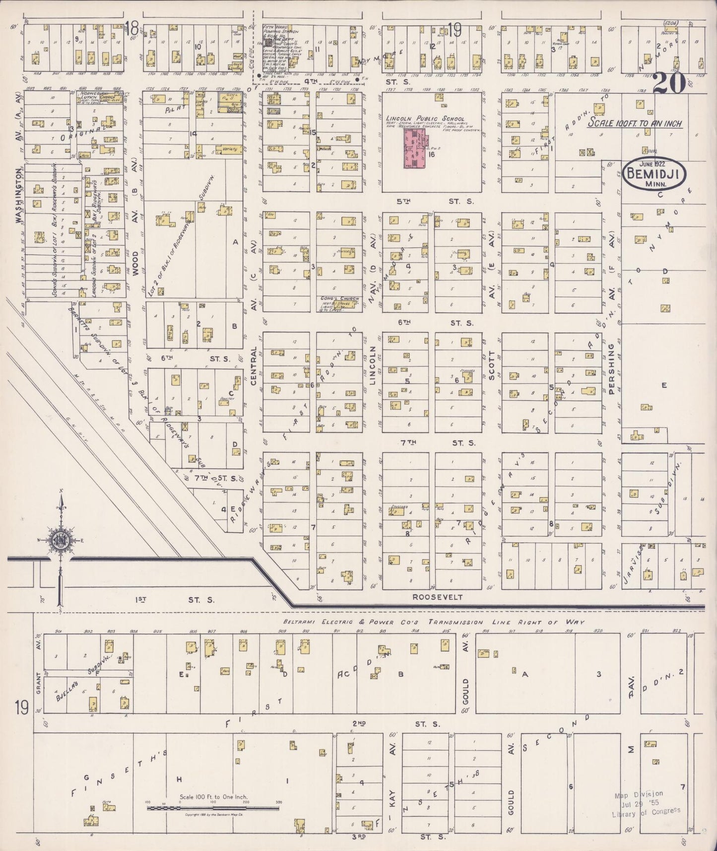 Sanborn Fire Insurance Map from Bemidji, Beltrami County, Minnesota (1922), Sheet #0020 - Complete Map Set gallery image, historic Sanborn map, vintage wall art, Minnesota Minnesota