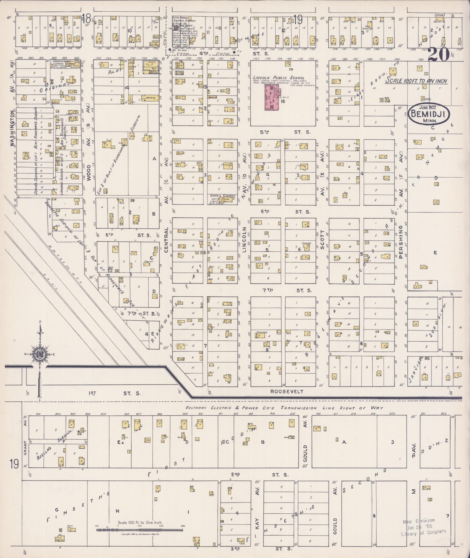 Sanborn Fire Insurance Map from Bemidji, Beltrami County, Minnesota (1922), Sheet #0020 - Complete Map Set gallery image, historic Sanborn map, vintage wall art, Minnesota Minnesota