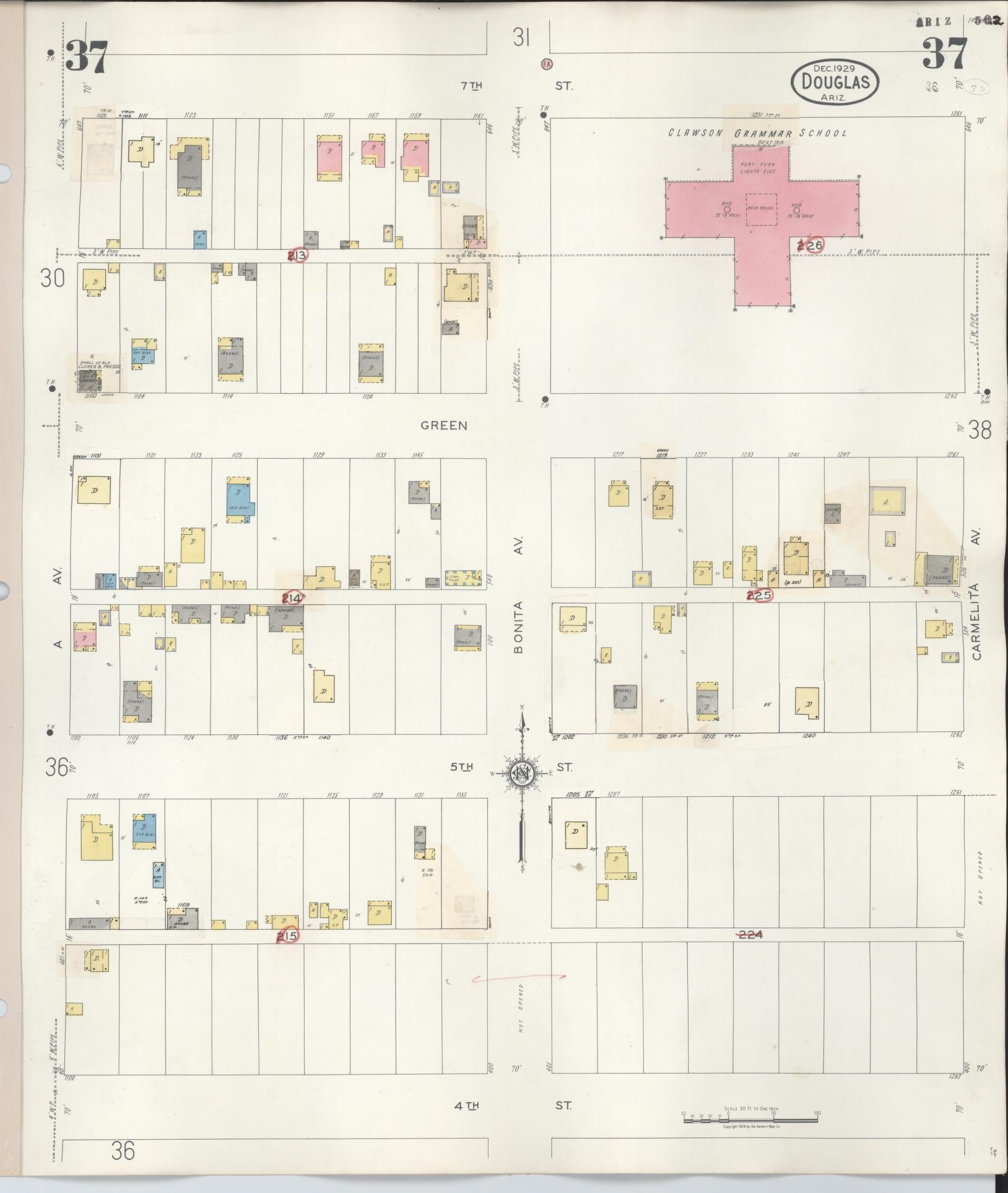 Sanborn Fire Insurance Map from Douglas, Cochise County, Arizona (1947), Sheet #0037 - Historic Sanborn Fire Insurance Map Print, vintage old map wall art, antique decor, genealogy gift, Arizona Arizona map