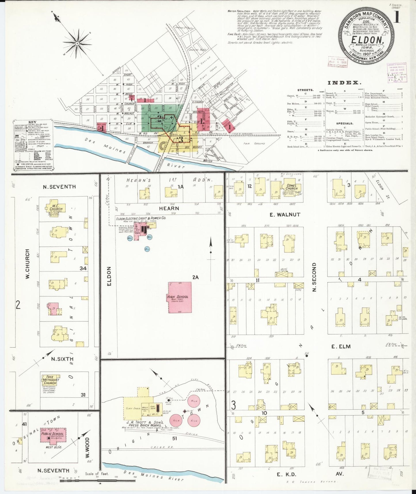 Sanborn Fire Insurance Map from Eldon, Wapello County, Iowa (1907), Sheet #0001 - Historic Sanborn Fire Insurance Map Print, vintage old map wall art