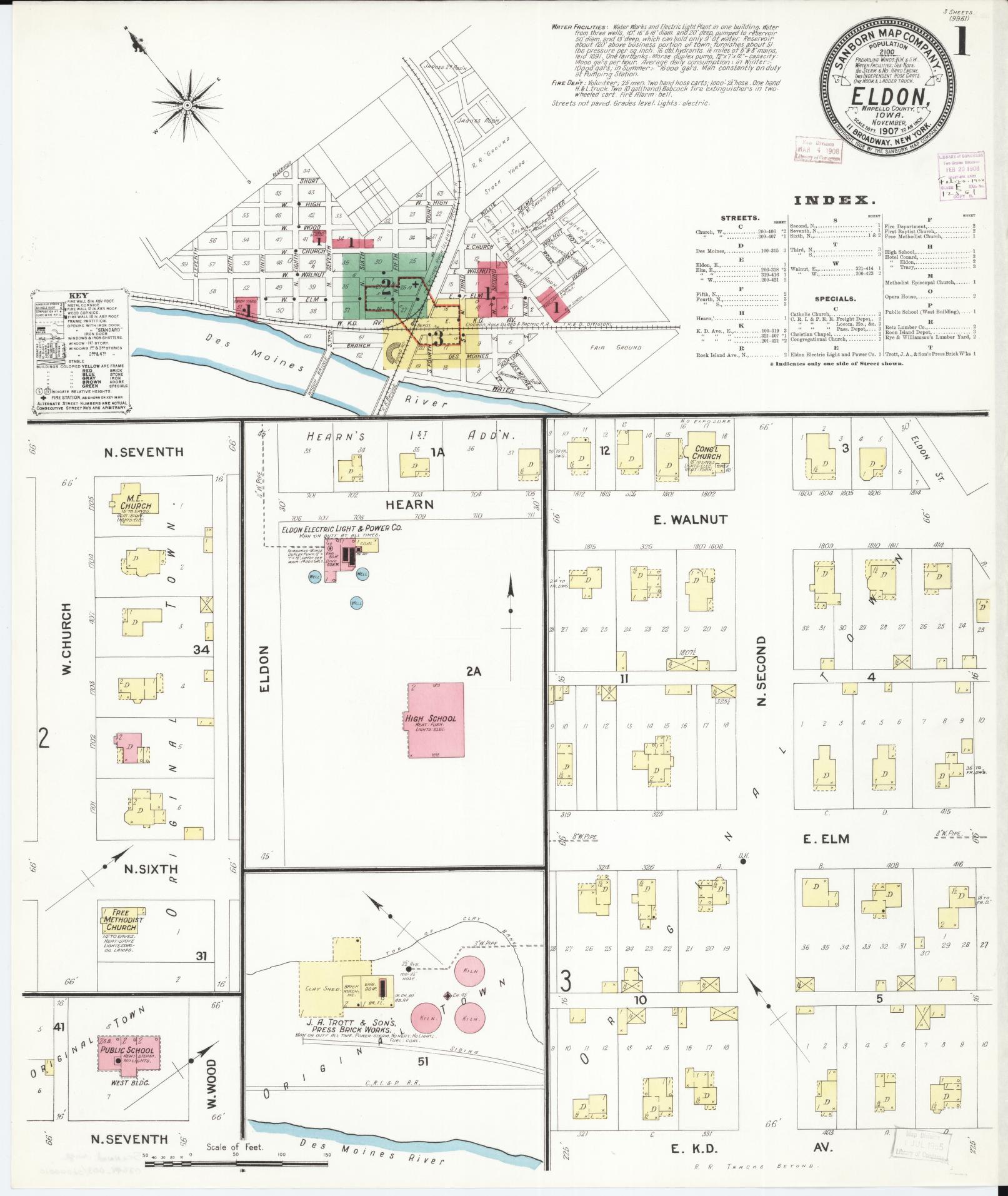 Sanborn Fire Insurance Map from Eldon, Wapello County, Iowa (1907), Sheet #0001 - Historic Sanborn Fire Insurance Map Print, vintage old map wall art