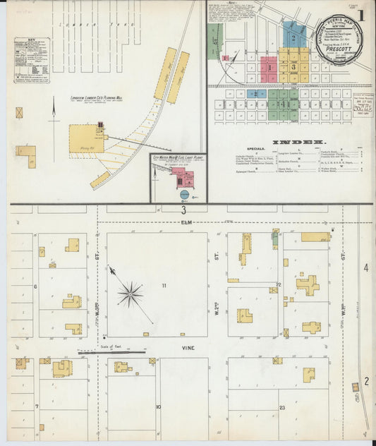 Sanborn Fire Insurance Map from Prescott, Nevada County, Arkansas (1900), Sheet #0001 - Historic Sanborn Fire Insurance Map Print, vintage old map wall art, antique decor, genealogy gift, Prescott Nevada map