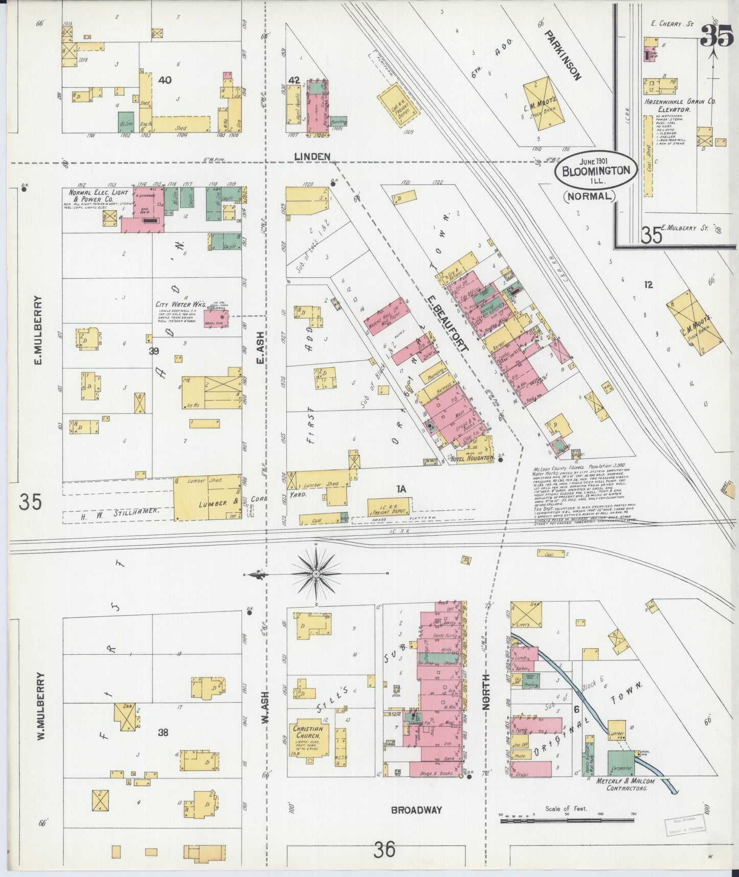 Sanborn Fire Insurance Map from Bloomington, McLean County, Illinois (1901), Sheet #0035 - Complete Map Set gallery image, historic Sanborn map, vintage wall art, Illinois Illinois