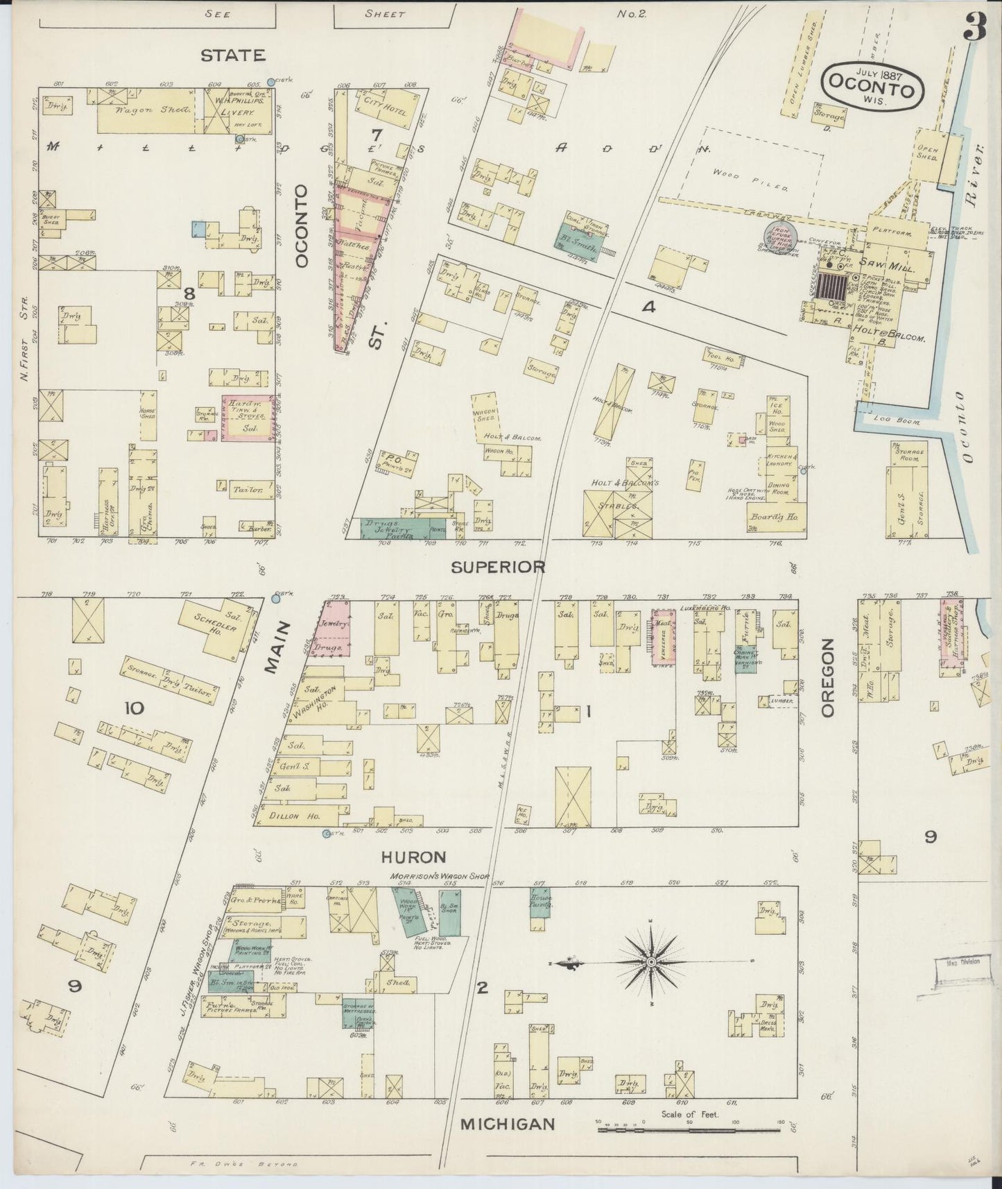 Sanborn Fire Insurance Map from Oconto, Oconto County, Wisconsin (1887), Sheet #0003 - Complete Map Set gallery image, historic Sanborn map, vintage wall art, Wisconsin Wisconsin