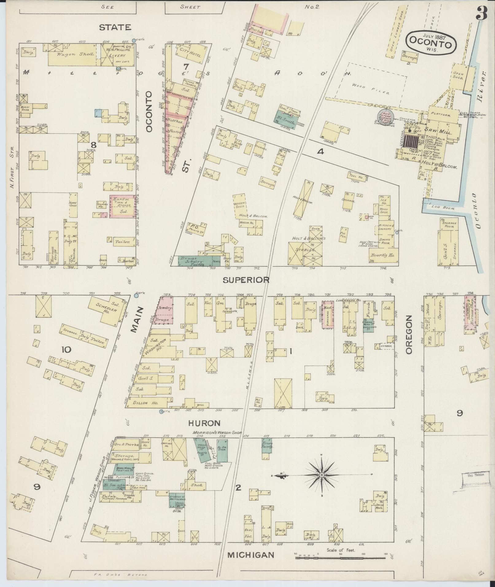 Sanborn Fire Insurance Map from Oconto, Oconto County, Wisconsin (1887), Sheet #0003 - Complete Map Set gallery image, historic Sanborn map, vintage wall art, Wisconsin Wisconsin