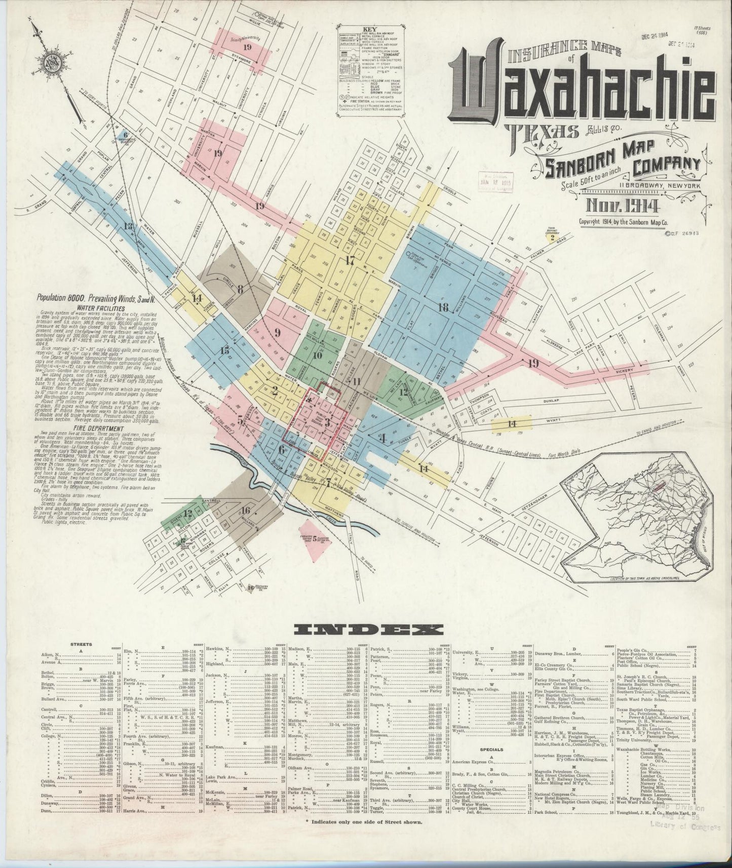 Sanborn Fire Insurance Map from Waxahachie, Ellis County, Texas. (1914) – Historic Sanborn Fire Insurance Map Print