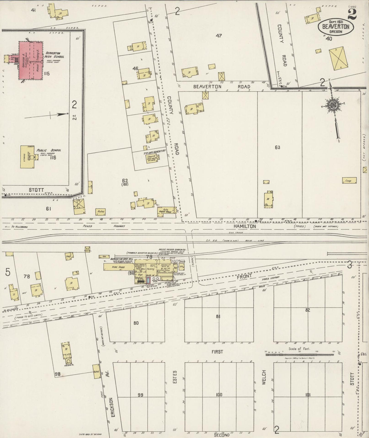 Sanborn Fire Insurance Map from Beaverton, Washington County, Oregon (1921), Sheet #0002 - Historic Sanborn Fire Insurance Map Print, vintage old map wall art, antique decor, genealogy gift, Oregon Oregon map