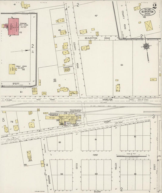Sanborn Fire Insurance Map from Beaverton, Washington County, Oregon (1921), Sheet #0002 - Historic Sanborn Fire Insurance Map Print, vintage old map wall art, antique decor, genealogy gift, Oregon Oregon map