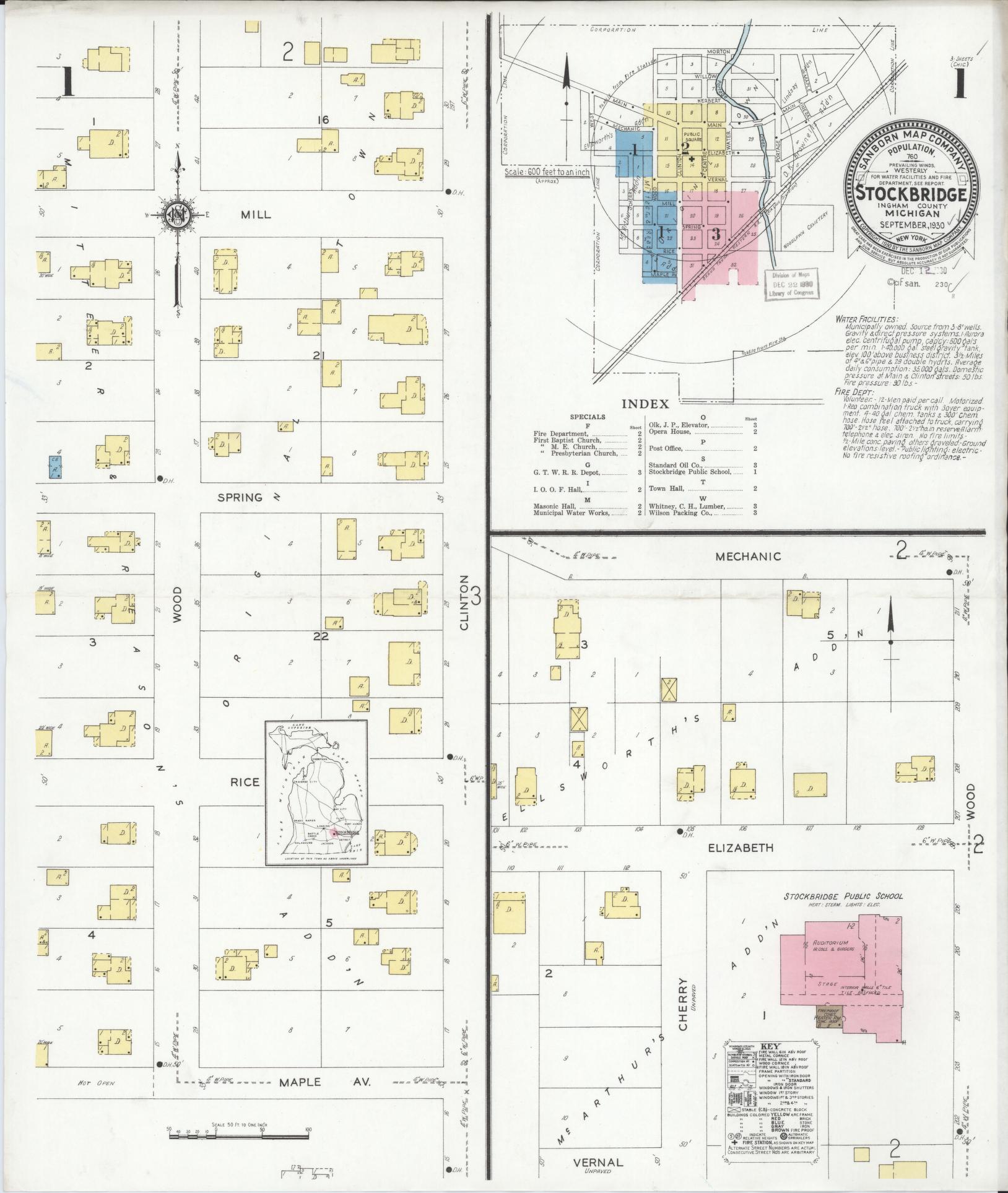 Sanborn Fire Insurance Map from Stockbridge, Ingham County, Michigan (1930), Sheet #0001 - Complete Map Set gallery image, historic Sanborn map, vintage wall art, Michigan Michigan