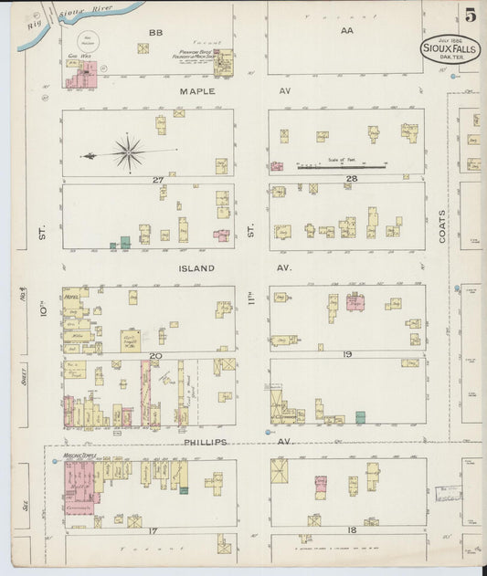 Sanborn Fire Insurance Map from Sioux Falls, Minnehaha County, South Dakota (1886), Sheet #0005 - Historic Sanborn Fire Insurance Map Print, vintage old map wall art, antique decor, genealogy gift, South Dakota South Dakota map