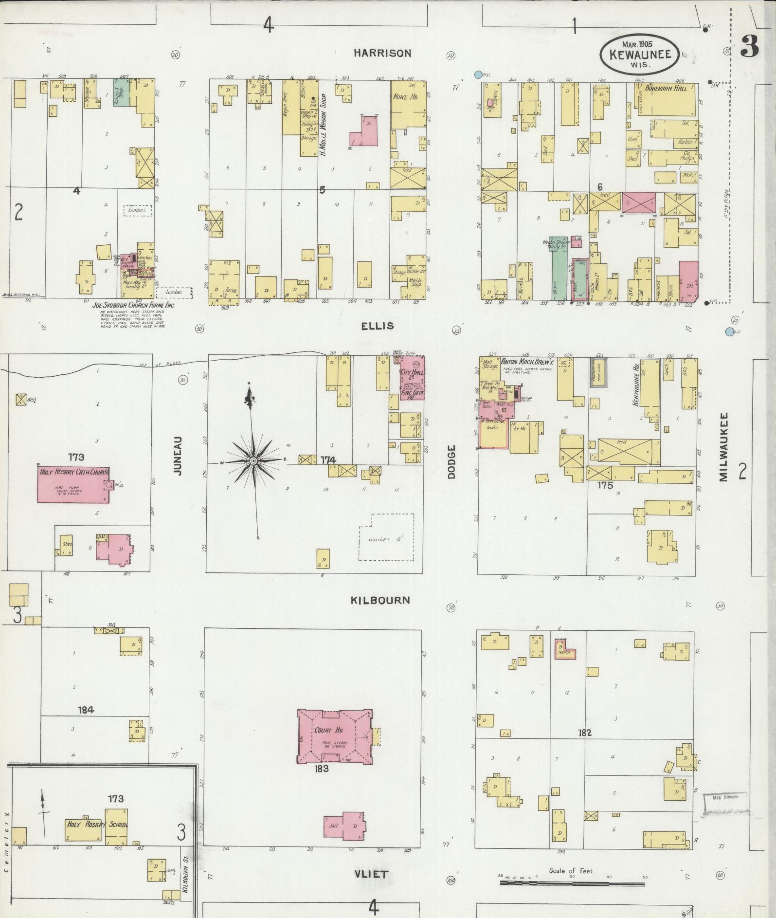 Sanborn Fire Insurance Map from Kewaunee, Kewaunee County, Wisconsin (1905), Sheet #0003 - Historic Sanborn Fire Insurance Map Print, vintage old map wall art, antique decor, genealogy gift, Wisconsin Wisconsin map