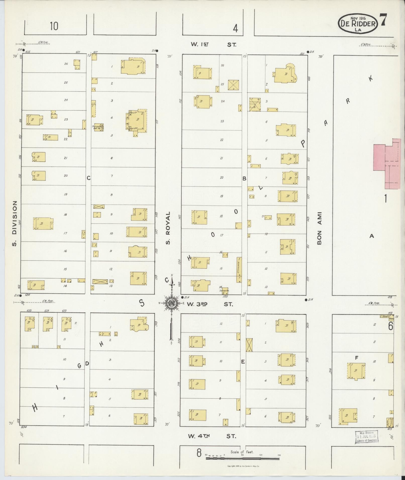 Sanborn Fire Insurance Map from De Ridder, Beauregard Parish, Louisiana (1916), Sheet #0007 - Complete Map Set gallery image, historic Sanborn map, vintage wall art, Louisiana Louisiana