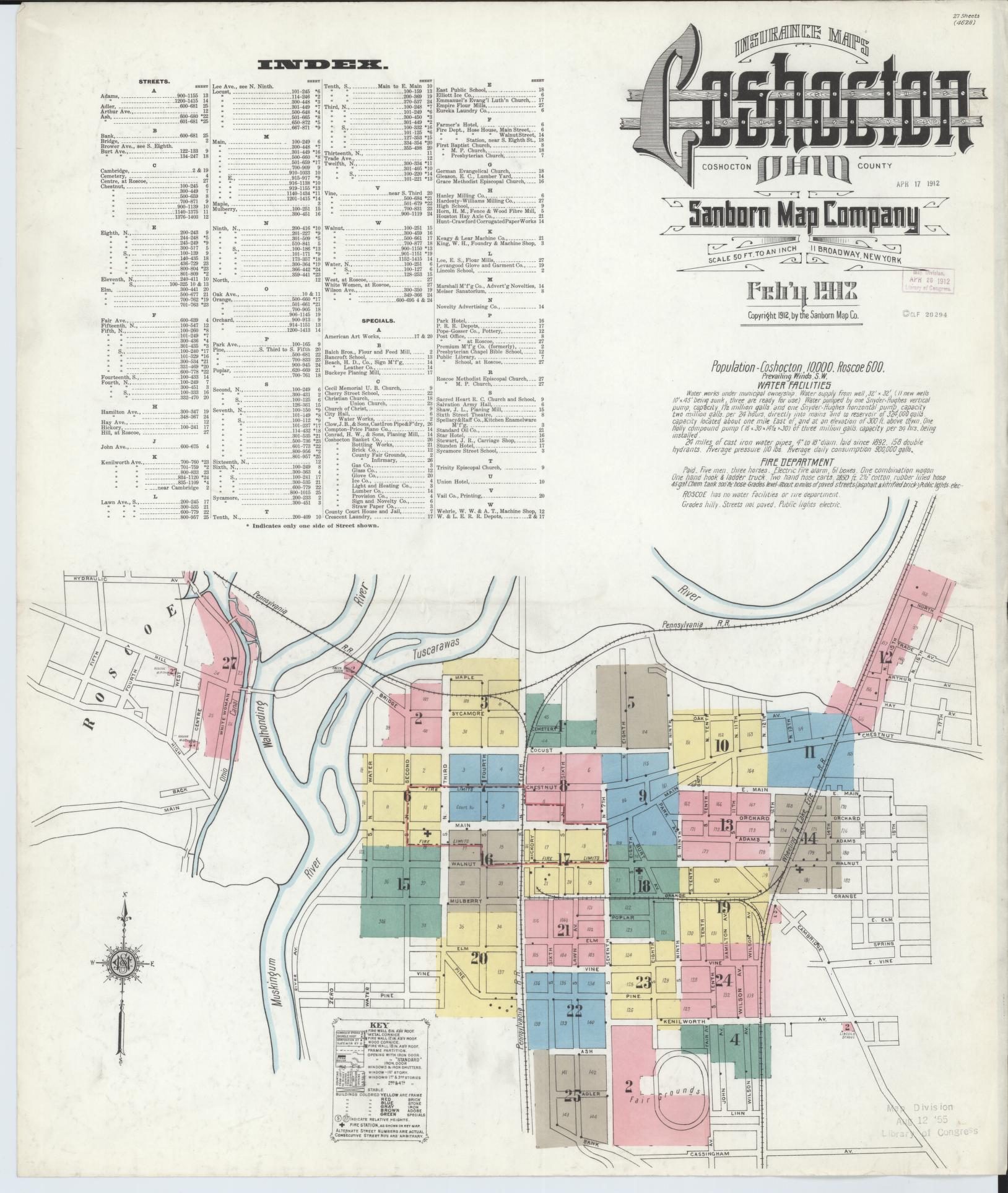 Sanborn Fire Insurance Map from Coshocton, Coshocton County, Ohio (1912), Sheet #0001 - Historic Sanborn Fire Insurance Map Print, vintage old map wall art, antique decor, genealogy gift, Ohio Ohio map