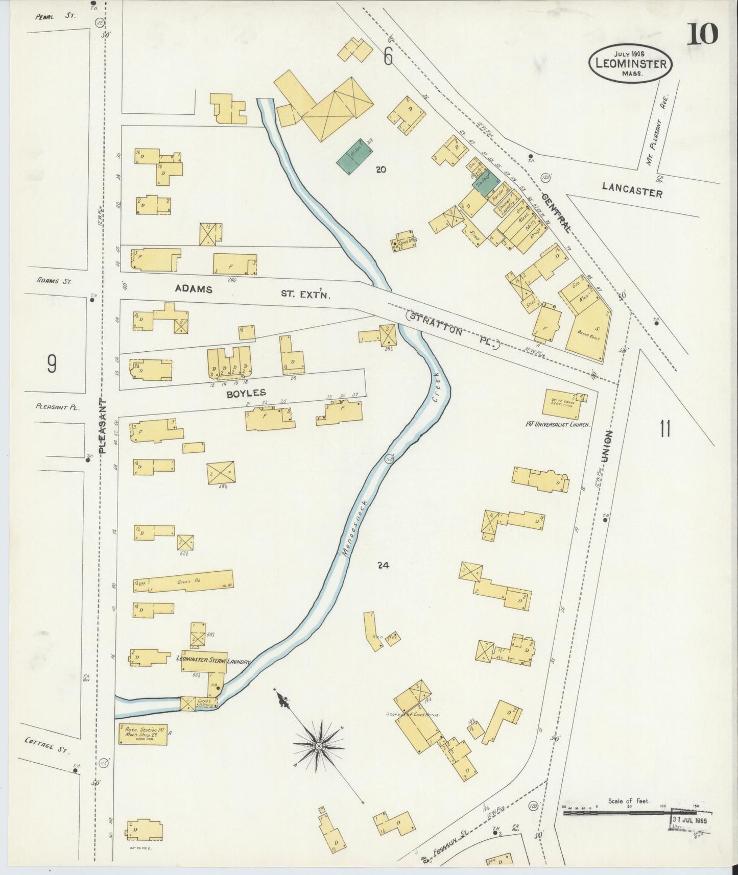Sanborn Fire Insurance Map from Leominster, Worcester County, Massachusetts (1906), Sheet #0010 - Complete Map Set gallery image, historic Sanborn map, vintage wall art, Massachusetts Massachusetts