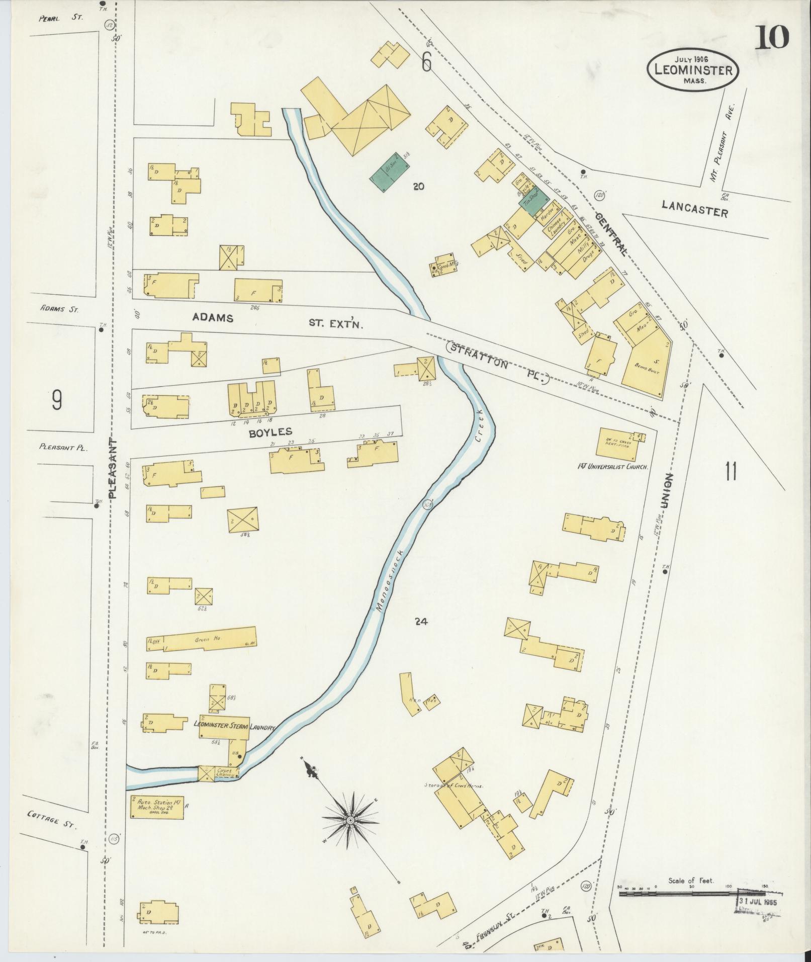 Sanborn Fire Insurance Map from Leominster, Worcester County, Massachusetts (1906), Sheet #0010 - Complete Map Set gallery image, historic Sanborn map, vintage wall art, Massachusetts Massachusetts