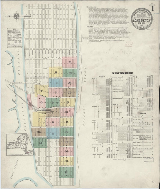 Sanborn Fire Insurance Map from Long Beach, Nassau County, New York (1914), Sheet #0001 - Historic Sanborn Fire Insurance Map Print, vintage old map wall art, antique decor, genealogy gift, New York New York map