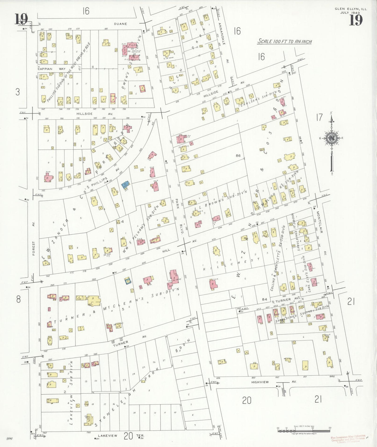 Sanborn Fire Insurance Map from Glen Ellyn, Du Page County, Illinois (1940), Sheet #0019 - Historic Sanborn Fire Insurance Map Print, vintage old map wall art, antique decor, genealogy gift, Illinois Illinois map