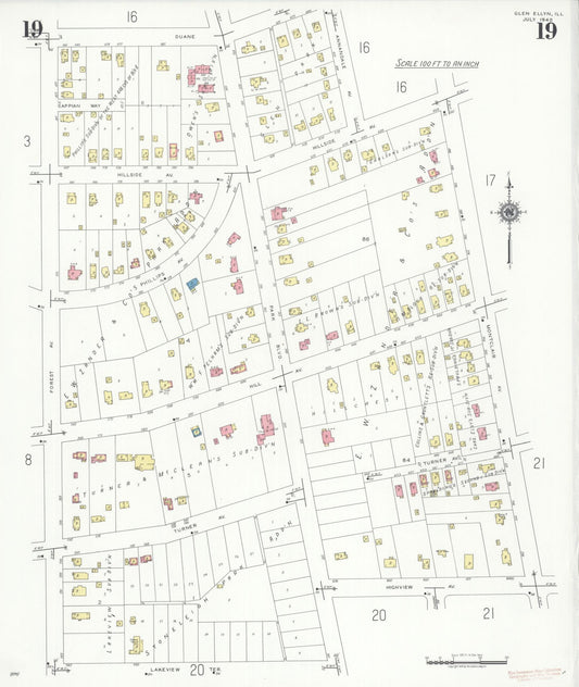 Sanborn Fire Insurance Map from Glen Ellyn, Du Page County, Illinois (1940), Sheet #0019 - Historic Sanborn Fire Insurance Map Print, vintage old map wall art, antique decor, genealogy gift, Illinois Illinois map
