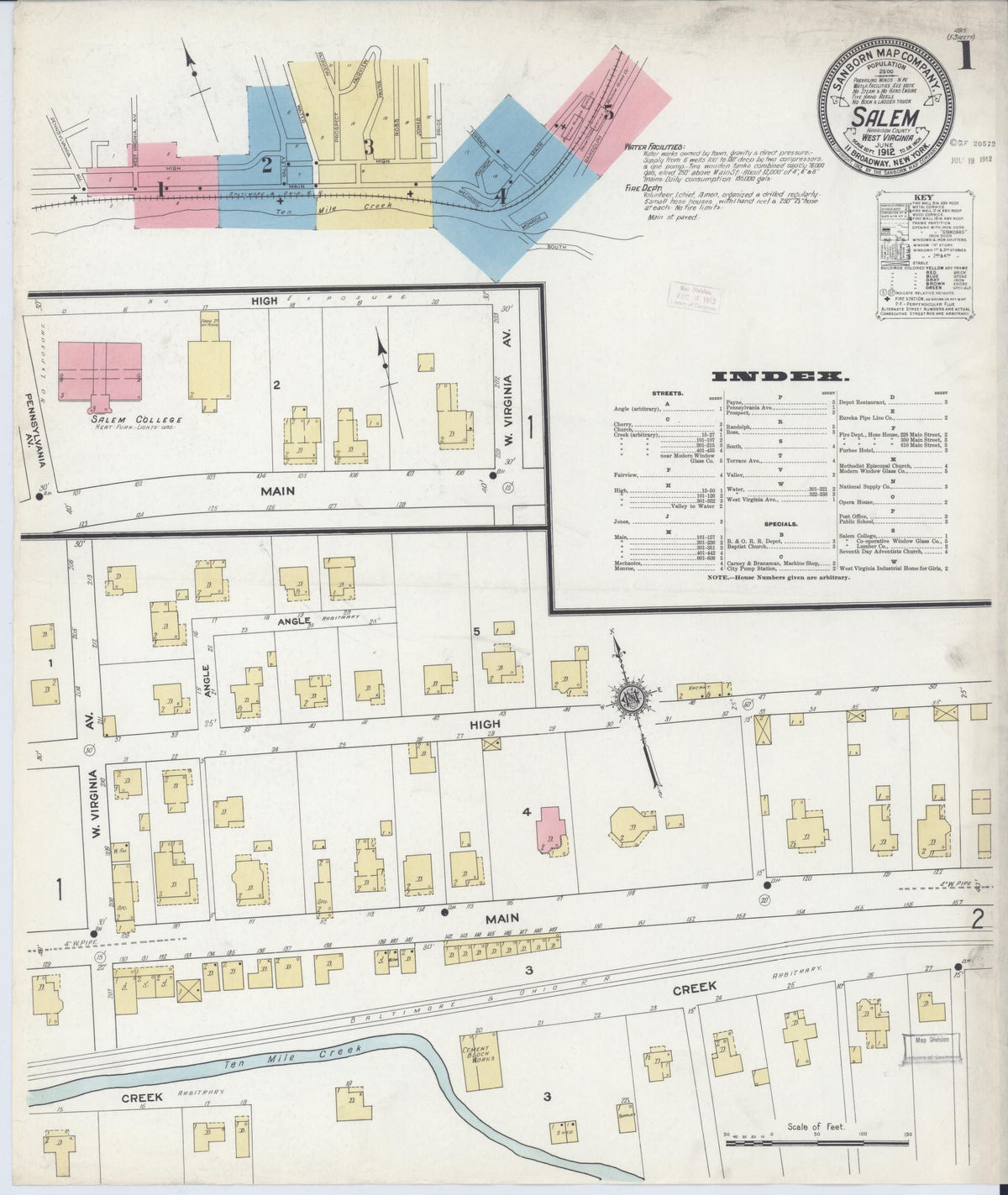 Sanborn Fire Insurance Map from Salem, Harrison County, West Virginia (1912), Sheet #0001 - Historic Sanborn Fire Insurance Map Print, vintage old map wall art, antique decor, genealogy gift, West Virginia West Virginia map