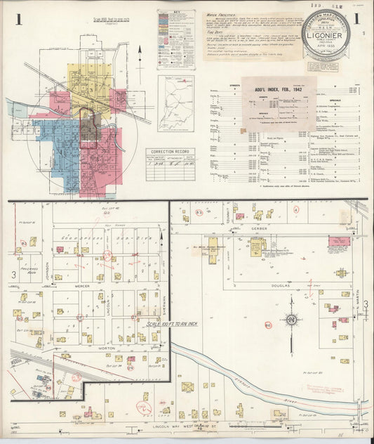 Sanborn Fire Insurance Map from Ligonier, Noble County, Indiana (1942), Sheet #0001 - Historic Sanborn Fire Insurance Map Print, vintage old map wall art, antique decor, genealogy gift, Indiana Indiana map
