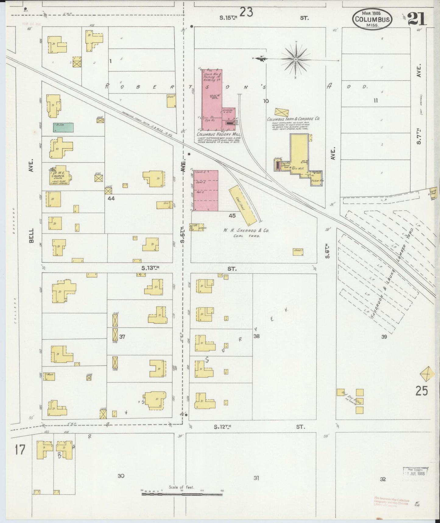 Sanborn Fire Insurance Map from Columbus, Lowndes County, Mississippi (1905), Sheet #0021 - Complete Map Set gallery image, historic Sanborn map, vintage wall art, Mississippi Mississippi