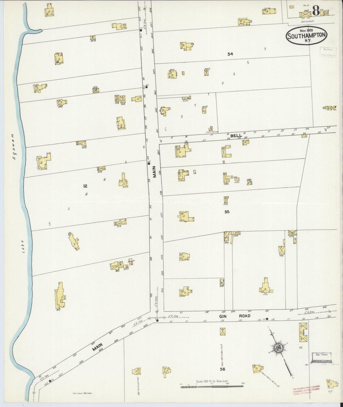 Sanborn Fire Insurance Map from Southampton, Suffolk County, New York (1909), Sheet #0008 - Historic Sanborn Fire Insurance Map Print, vintage old map wall art, antique decor, genealogy gift, New York New York map