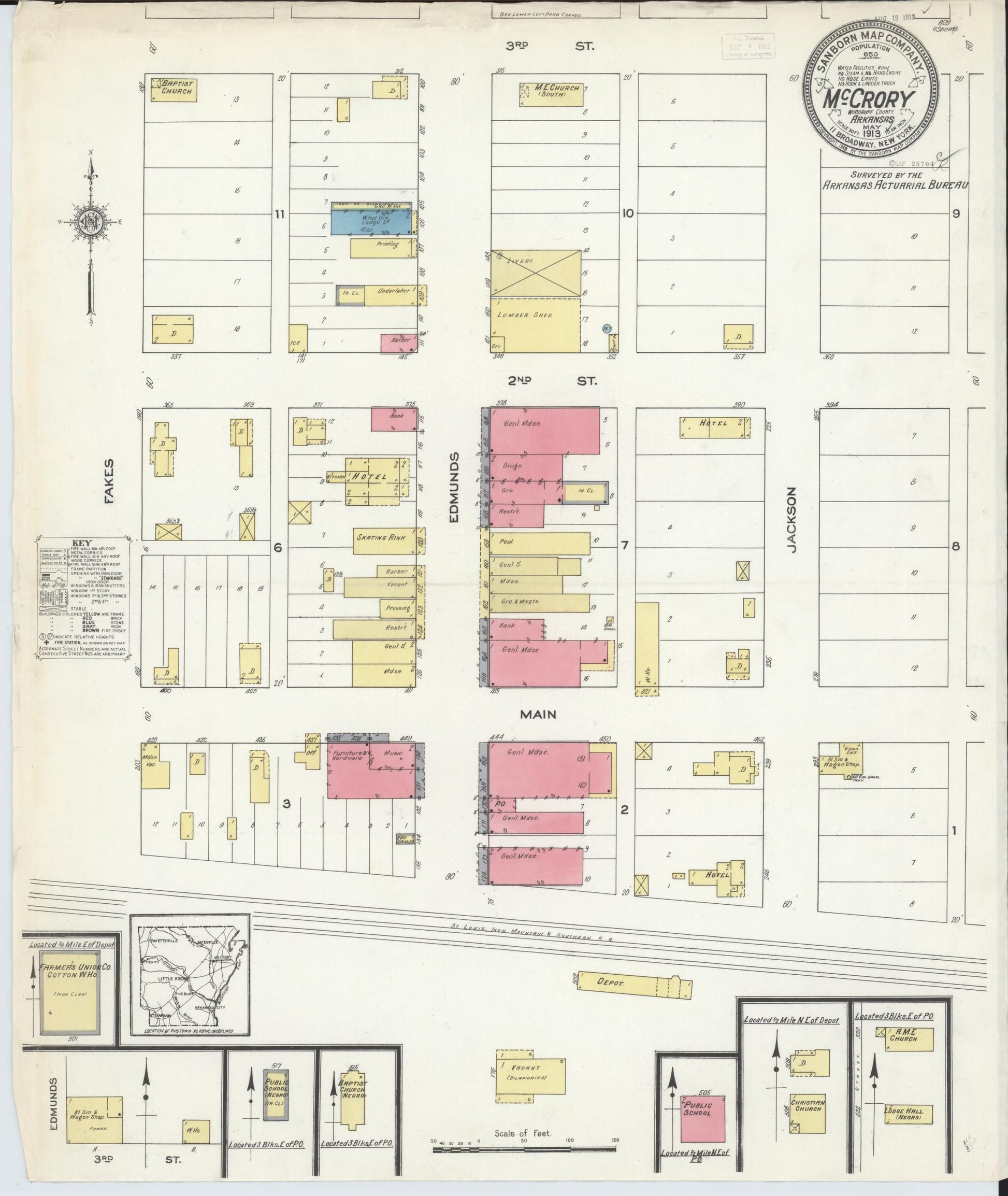 Sanborn Fire Insurance Map from McCrory, Woodruff County, Arkansas (1913), Sheet #0001 - Historic Sanborn Fire Insurance Map Print, vintage old map wall art, antique decor, genealogy gift, Arkansas Arkansas map
