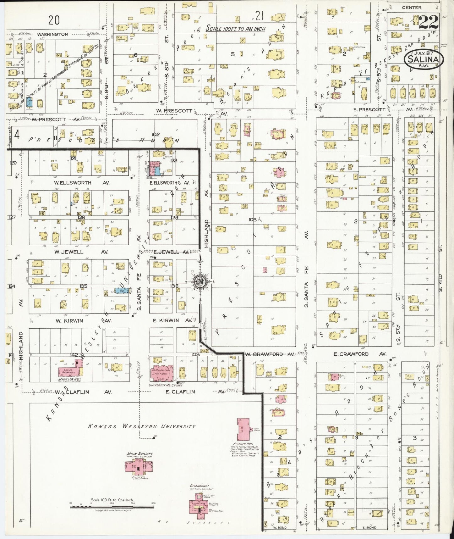 Sanborn Fire Insurance Map from Salina, Saline County, Kansas (1917), Sheet #0022 - Historic Sanborn Fire Insurance Map Print, vintage old map wall art, antique decor, genealogy gift, Kansas Kansas map