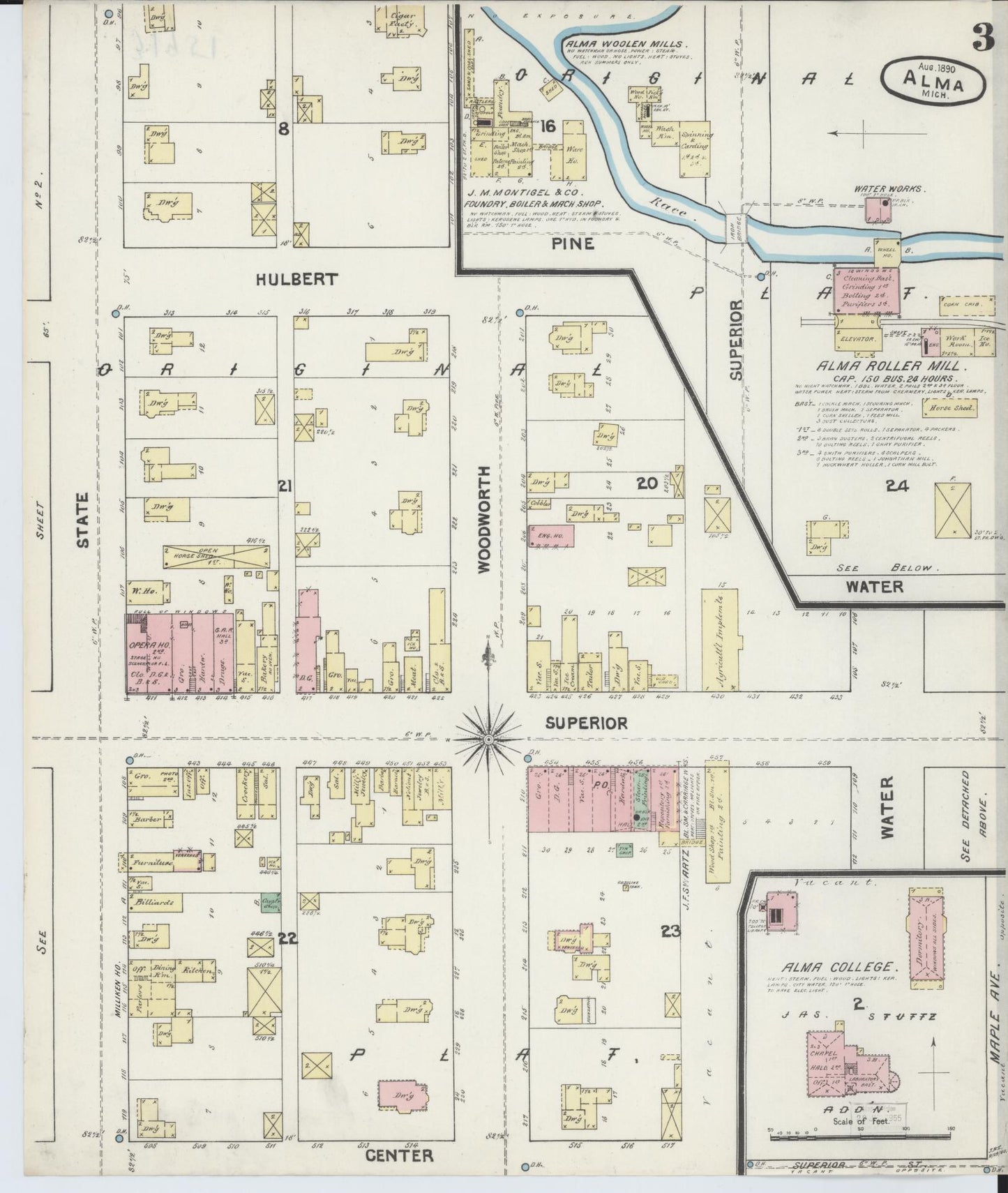 Sanborn Fire Insurance Map from Alma, Gratiot County, Michigan (1890), Sheet #0003 - Complete Map Set gallery image, historic Sanborn map, vintage wall art, Michigan Michigan