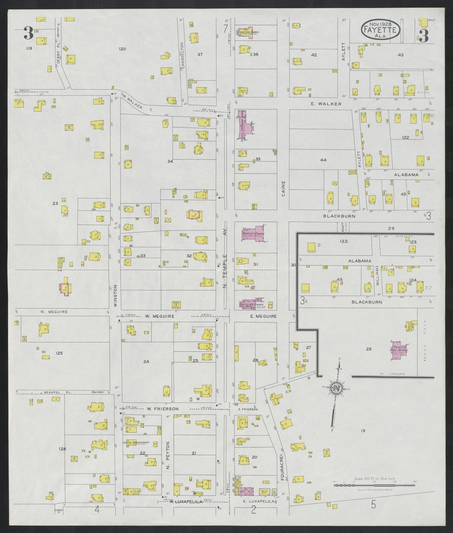 Sanborn Fire Insurance Map from Fayette, Fayette County, Alabama (1928), Sheet #0003 - Complete Map Set gallery image, historic Sanborn map, vintage wall art, Alabama Alabama