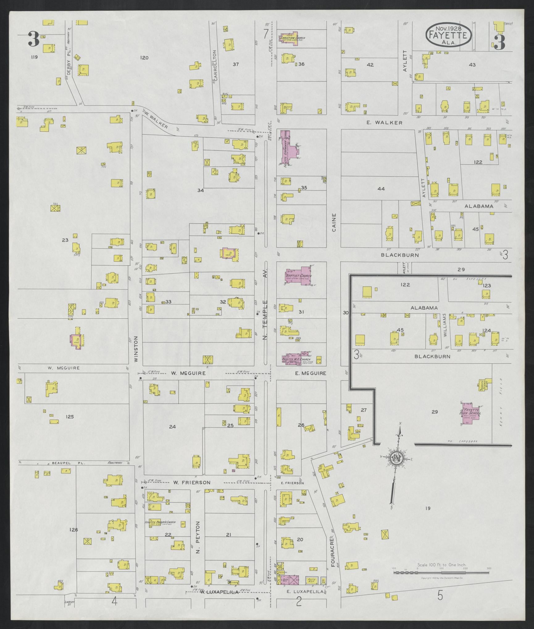 Sanborn Fire Insurance Map from Fayette, Fayette County, Alabama (1928), Sheet #0003 - Complete Map Set gallery image, historic Sanborn map, vintage wall art, Alabama Alabama
