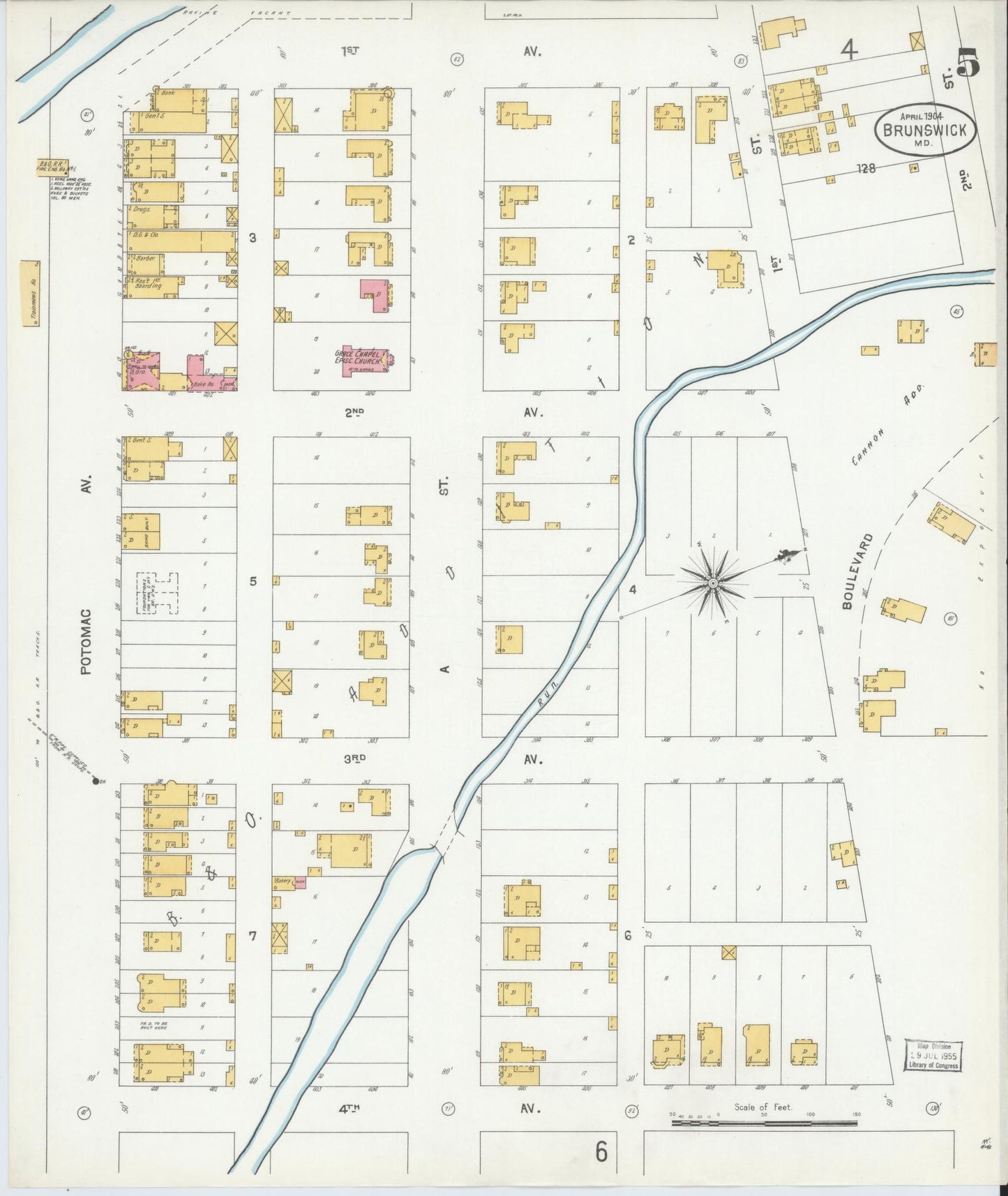 Sanborn Fire Insurance Map from Brunswick, Frederick County, Maryland (1904), Sheet #0005 - Historic Sanborn Fire Insurance Map Print, vintage old map wall art, antique decor, genealogy gift, Maryland Maryland map