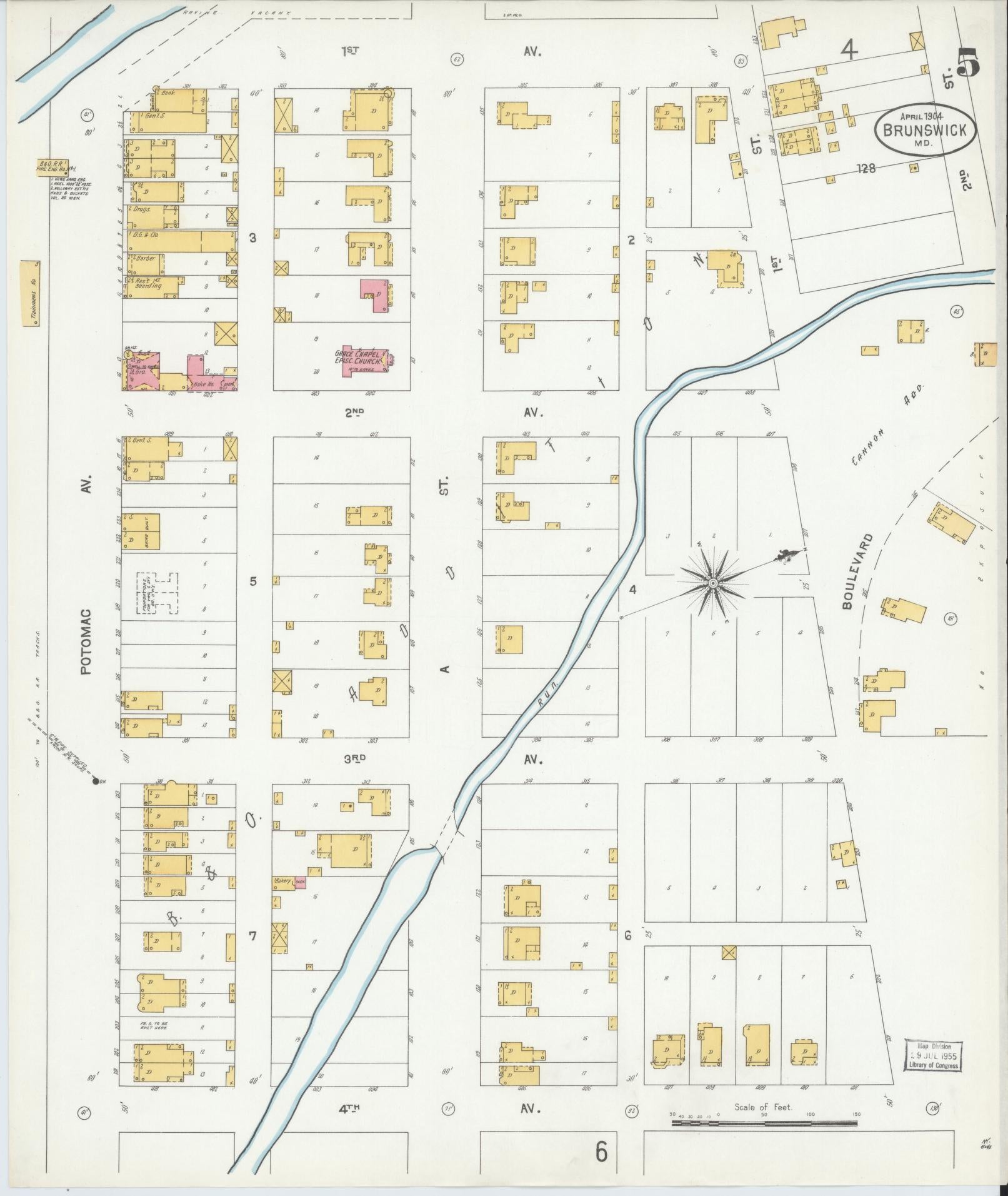 Sanborn Fire Insurance Map from Brunswick, Frederick County, Maryland (1904), Sheet #0005 - Historic Sanborn Fire Insurance Map Print, vintage old map wall art, antique decor, genealogy gift, Maryland Maryland map
