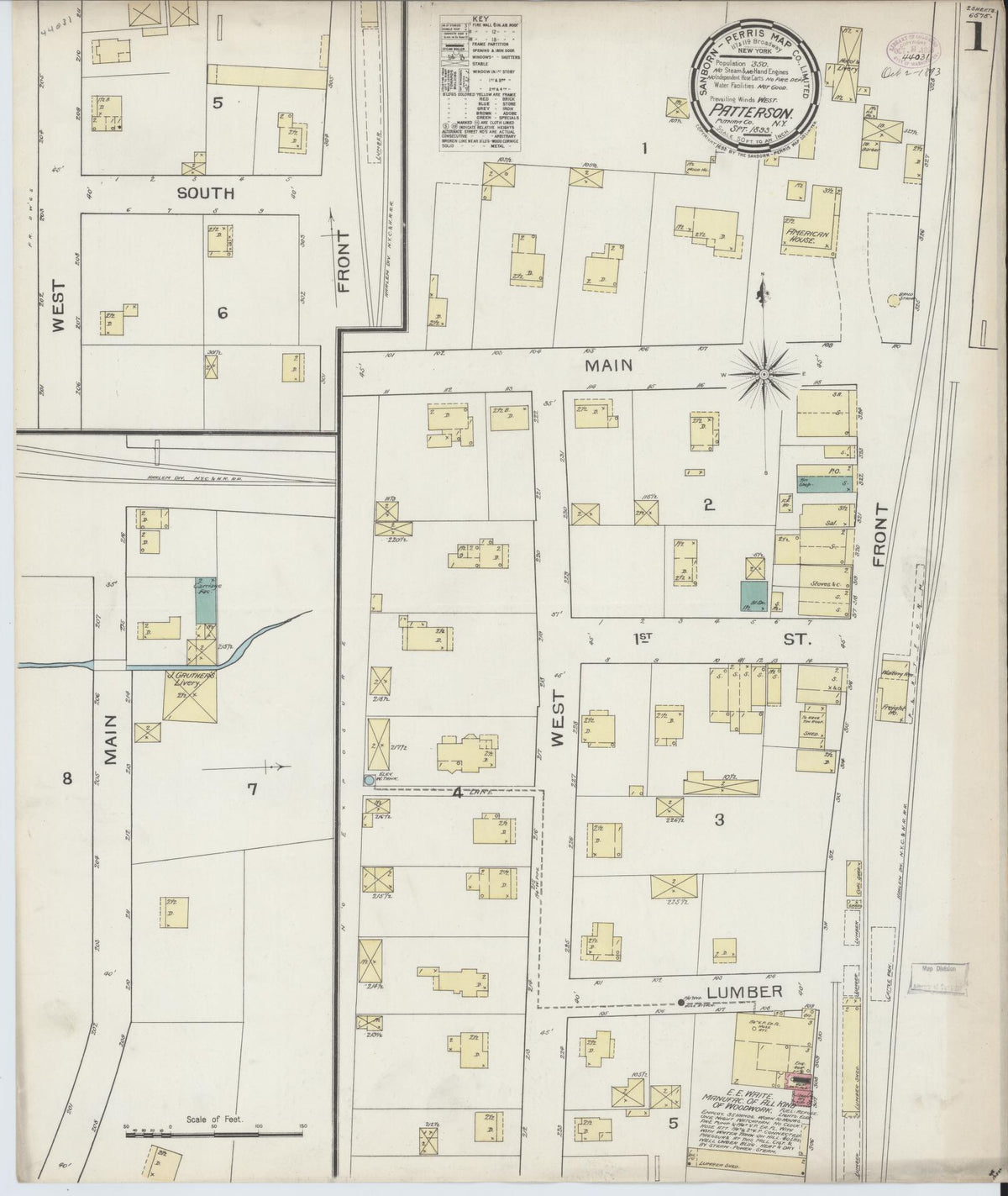 Sanborn Fire Insurance Map from Patterson, Putnam County, New York (1893), Sheet #0001 - Complete Map Set gallery image, historic Sanborn map, vintage wall art, New York New York