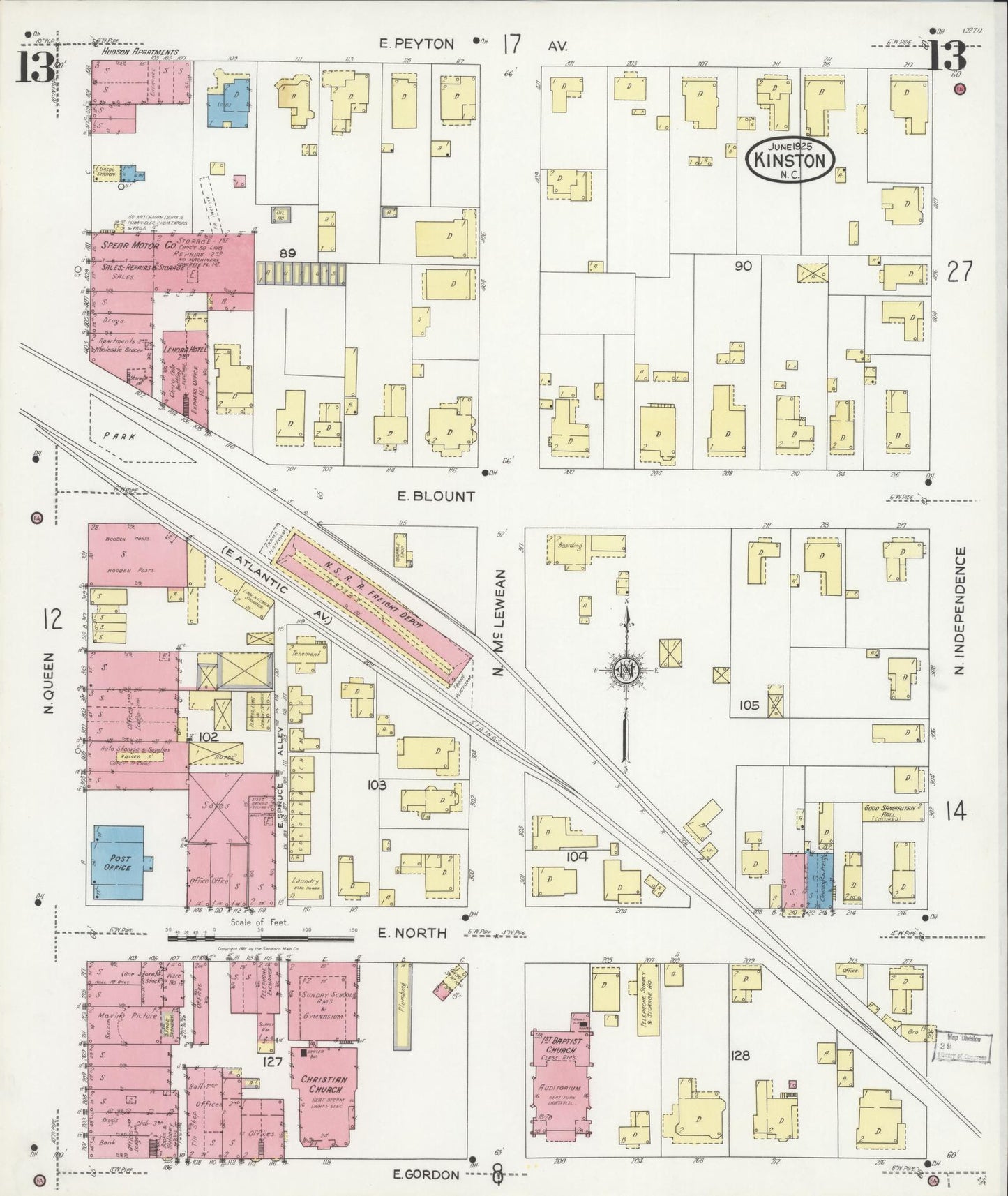 Sanborn Fire Insurance Map from Kinston, Lenoir County, North Carolina (1925), Sheet #0013 - Historic Sanborn Fire Insurance Map Print, vintage old map wall art, antique decor, genealogy gift, North Carolina North Carolina map