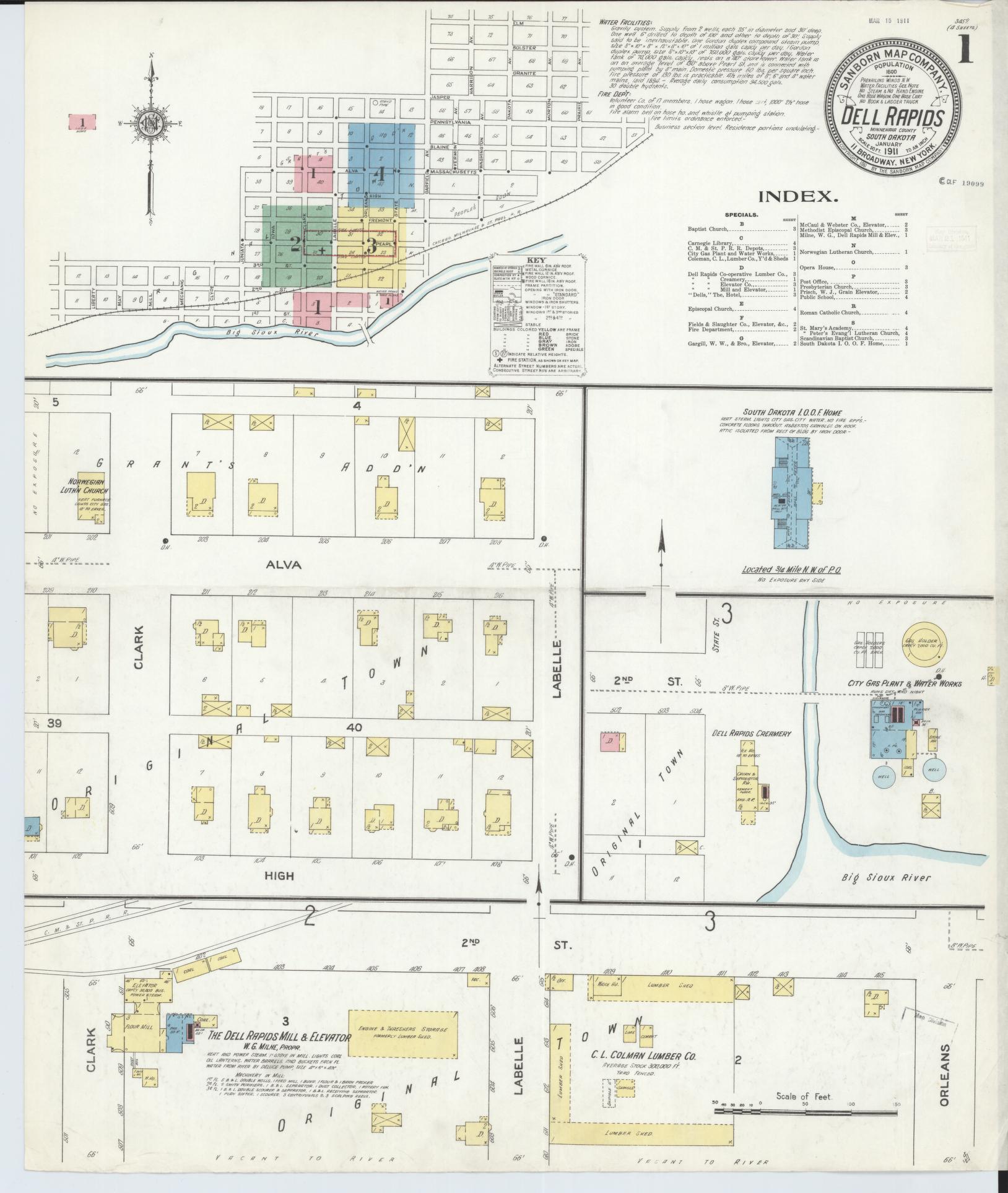 Sanborn Fire Insurance Map from Dell Rapids, Minnehaha County, South Dakota (1911), Sheet #0001 - Historic Sanborn Fire Insurance Map Print, vintage old map wall art, antique decor, genealogy gift, South Dakota South Dakota map