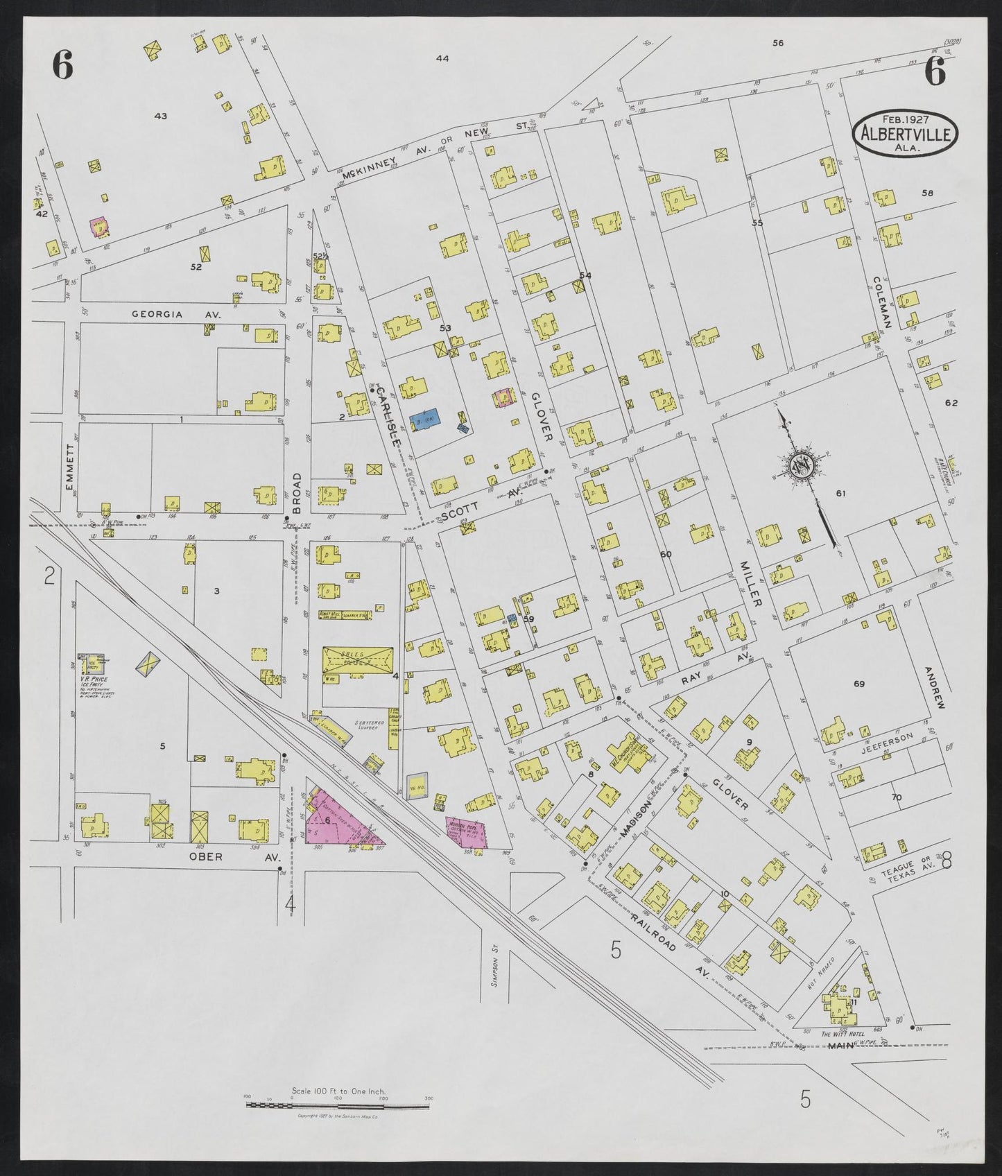 Sanborn Fire Insurance Map from Albertville, Marshall County, Alabama (1927), Sheet #0006 - Historic Sanborn Fire Insurance Map Print, vintage old map wall art, antique decor, genealogy gift, Alabama Alabama map