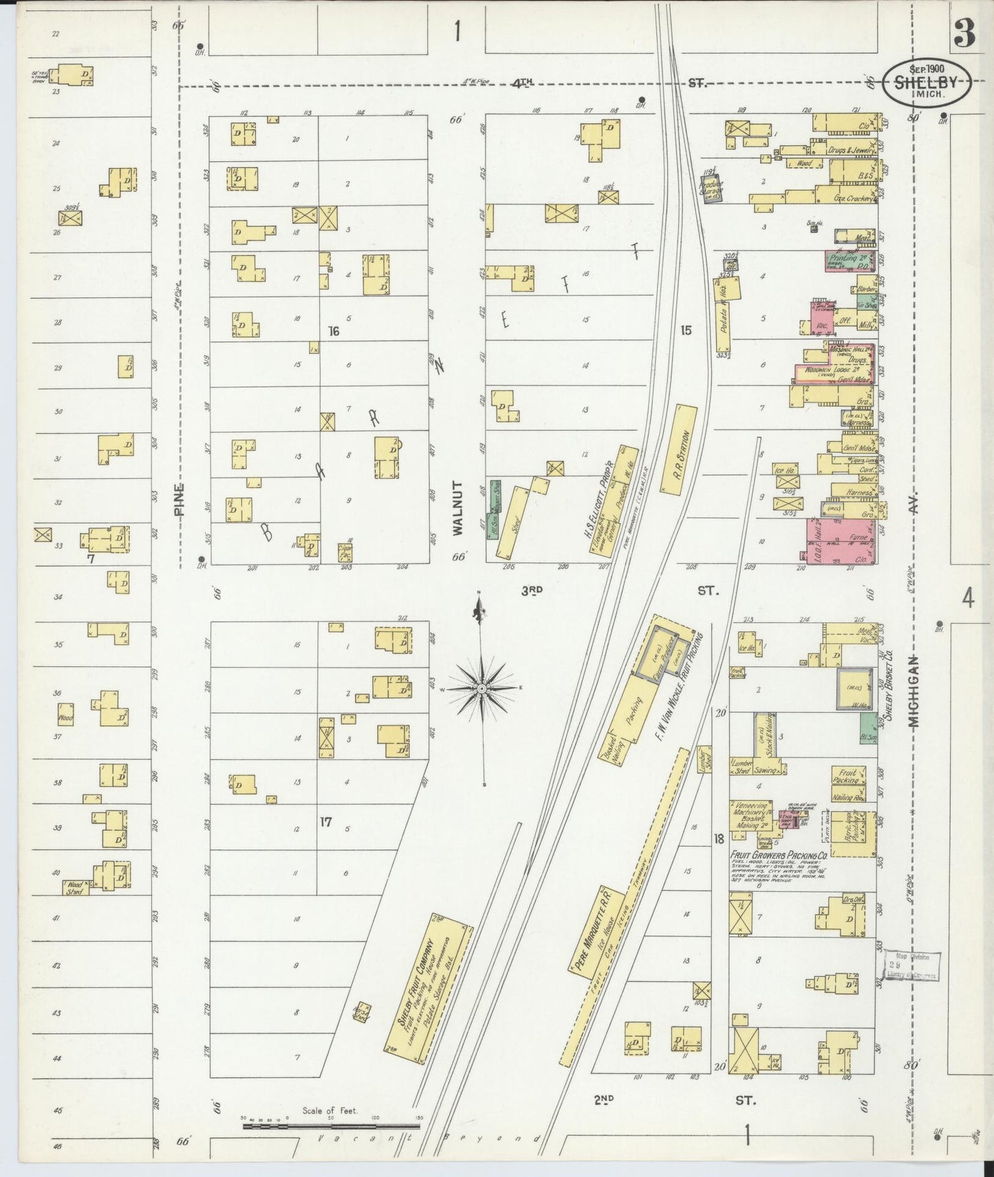 Sanborn Fire Insurance Map from Shelby, Oceana County, Michigan (1900), Sheet #0003 - Complete Map Set gallery image, historic Sanborn map, vintage wall art, Michigan Michigan