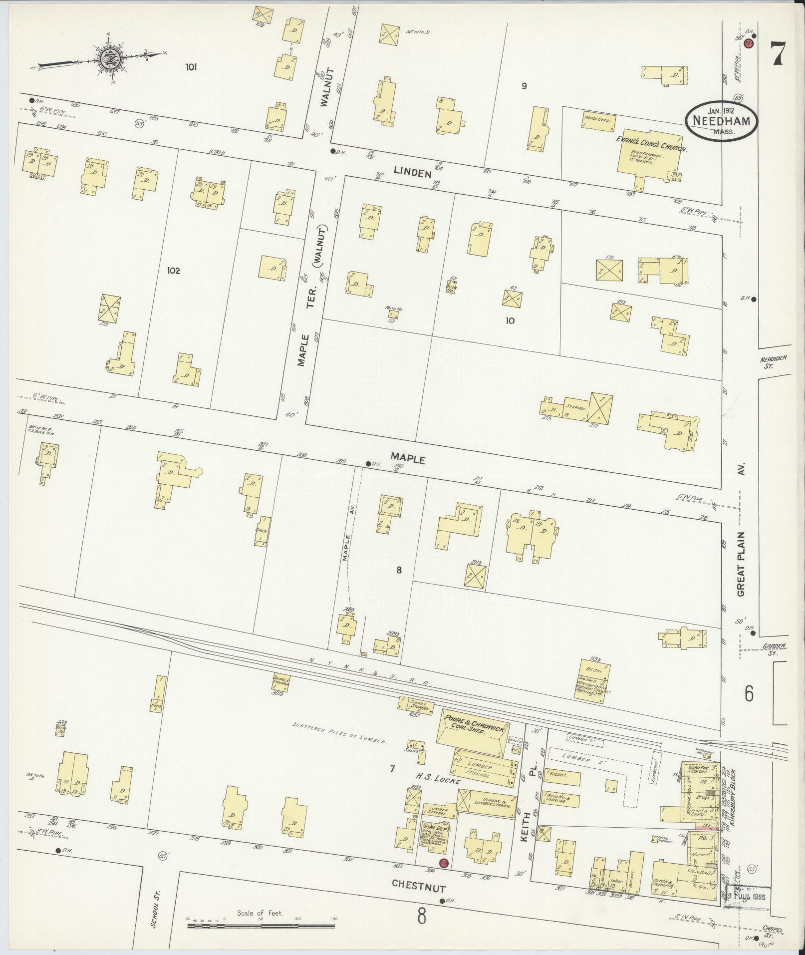 Sanborn Fire Insurance Map from Needham, Norfolk County, Massachusetts (1912), Sheet #0007 - Historic Sanborn Fire Insurance Map Print, vintage old map wall art, antique decor, genealogy gift, Massachusetts Massachusetts map