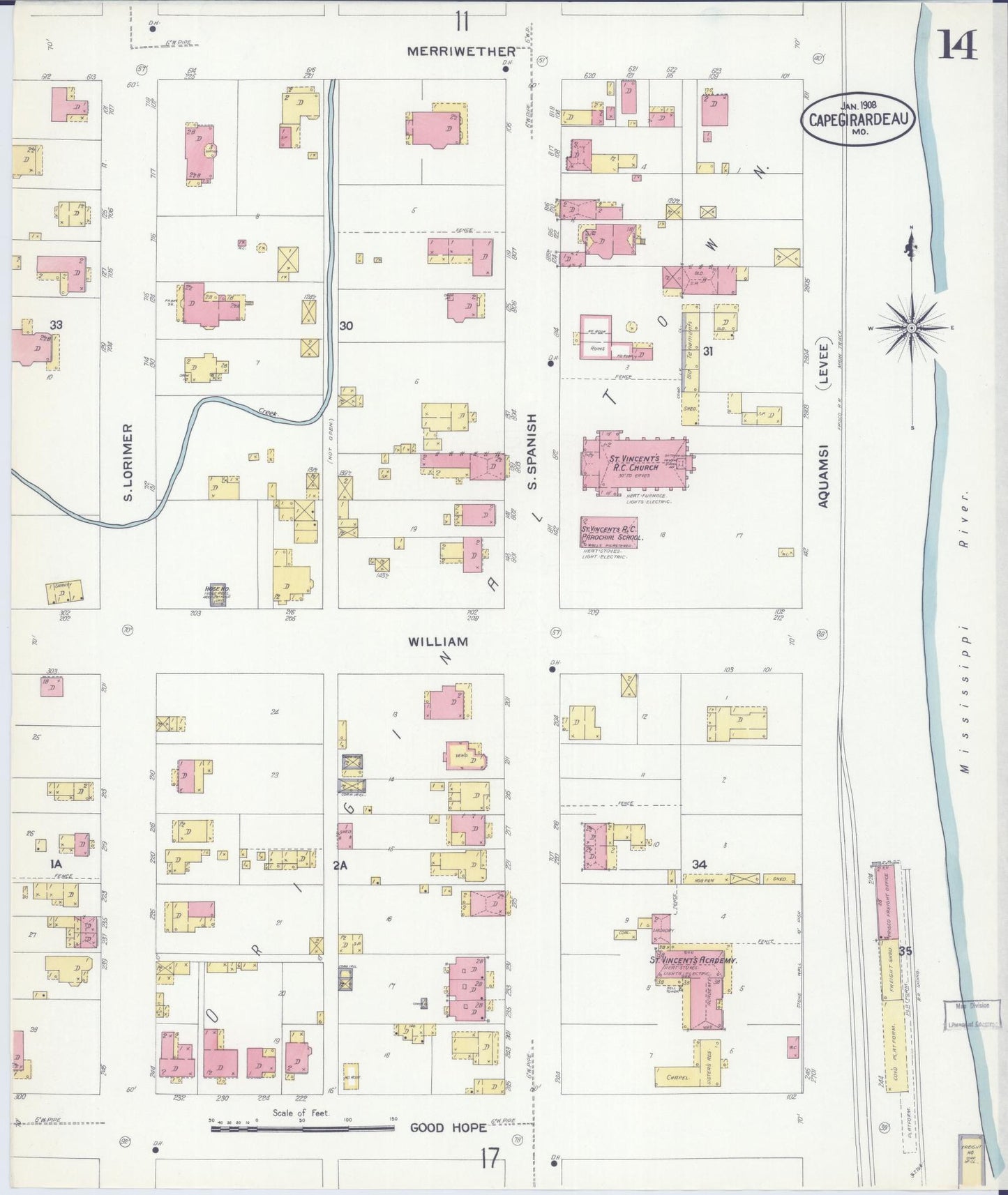 Sanborn Fire Insurance Map from Cape Girardeau, Cape Girardeau County, Missouri (1908), Sheet #0014 - Historic Sanborn Fire Insurance Map Print, vintage old map wall art, antique decor, genealogy gift, Missouri Missouri map
